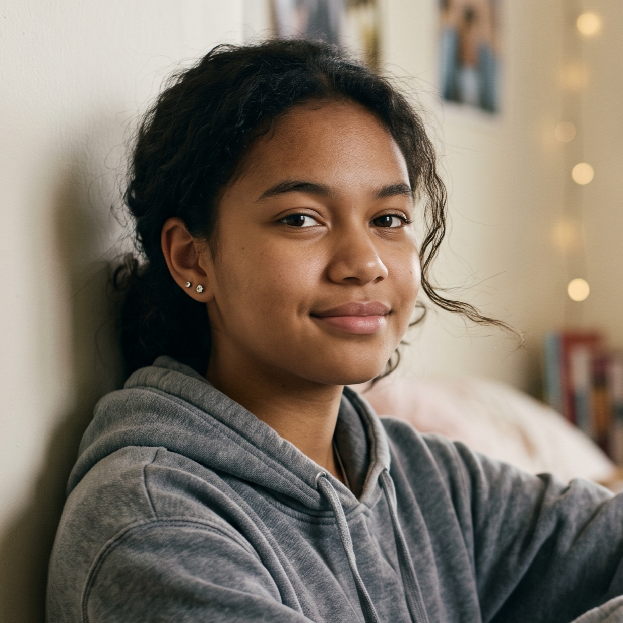 A young girl seated in her bedroom