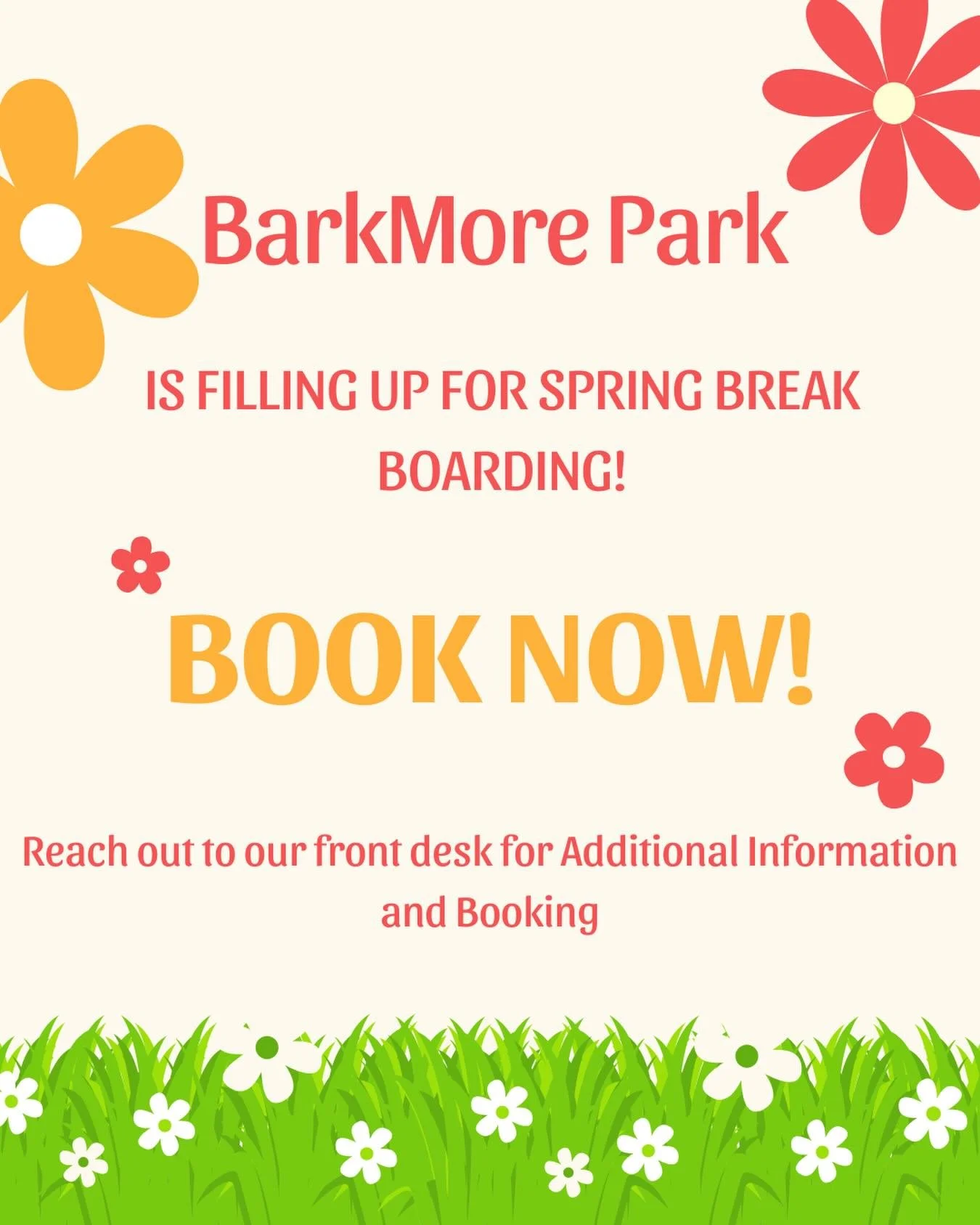 Happy Spring BMP Family!!! 💛🌼

Our Boarding is starting to fill up for Spring Break. 

Book ASAP before all our spots are gone! 

We still have room for DayCare, but those spots are going quick too! 
🌸🌼💚

#springbreak #ashevillenc #barkmorepark