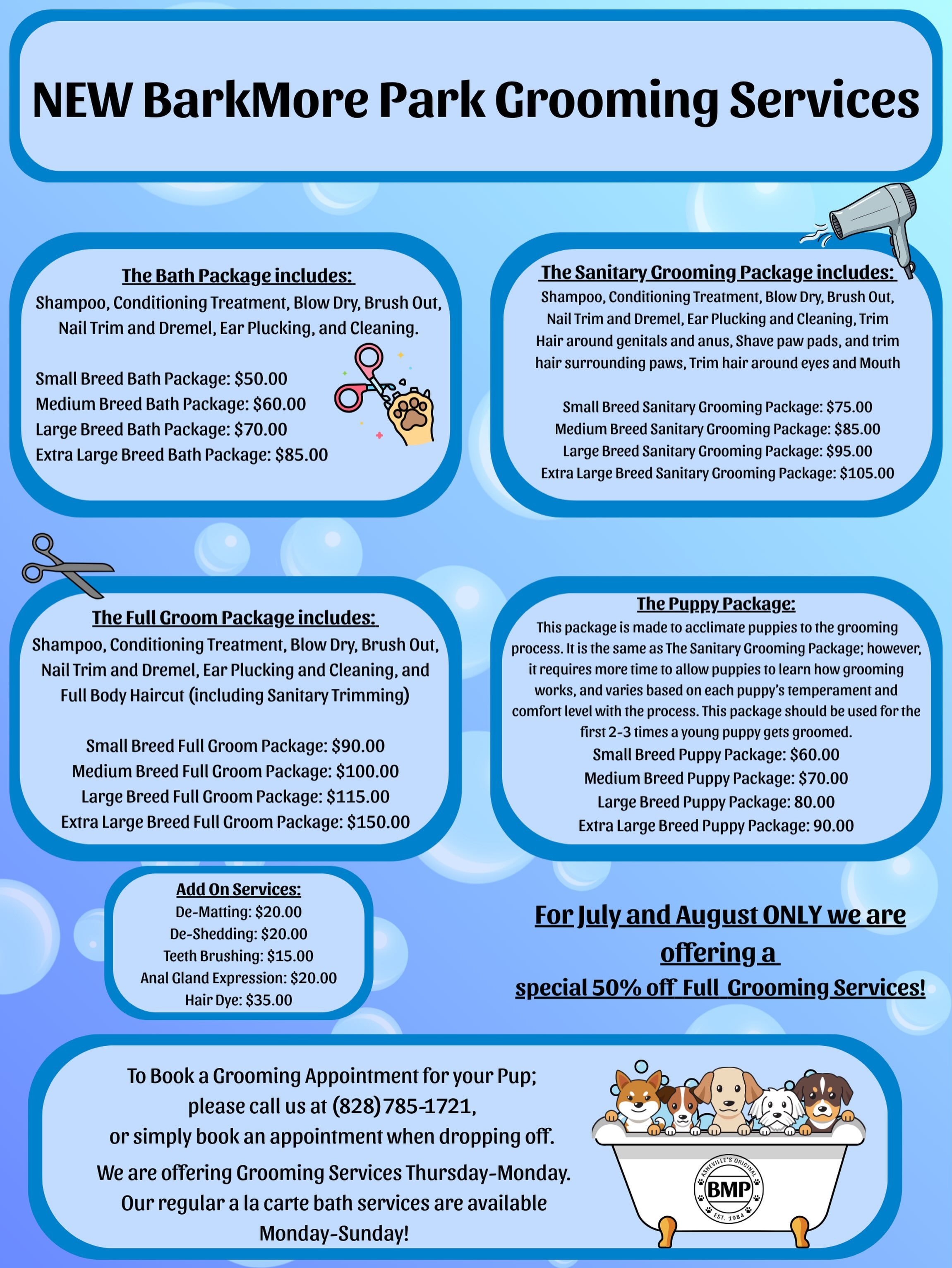 BarkMore Park is now offering Grooming Services!!!✂️🛁🫧

Above includes all of our services and packages.

Currently you must have a Boarding or Daycare reservation in order to book any Grooming services.

These are available Thursday-Monday. 
Our r