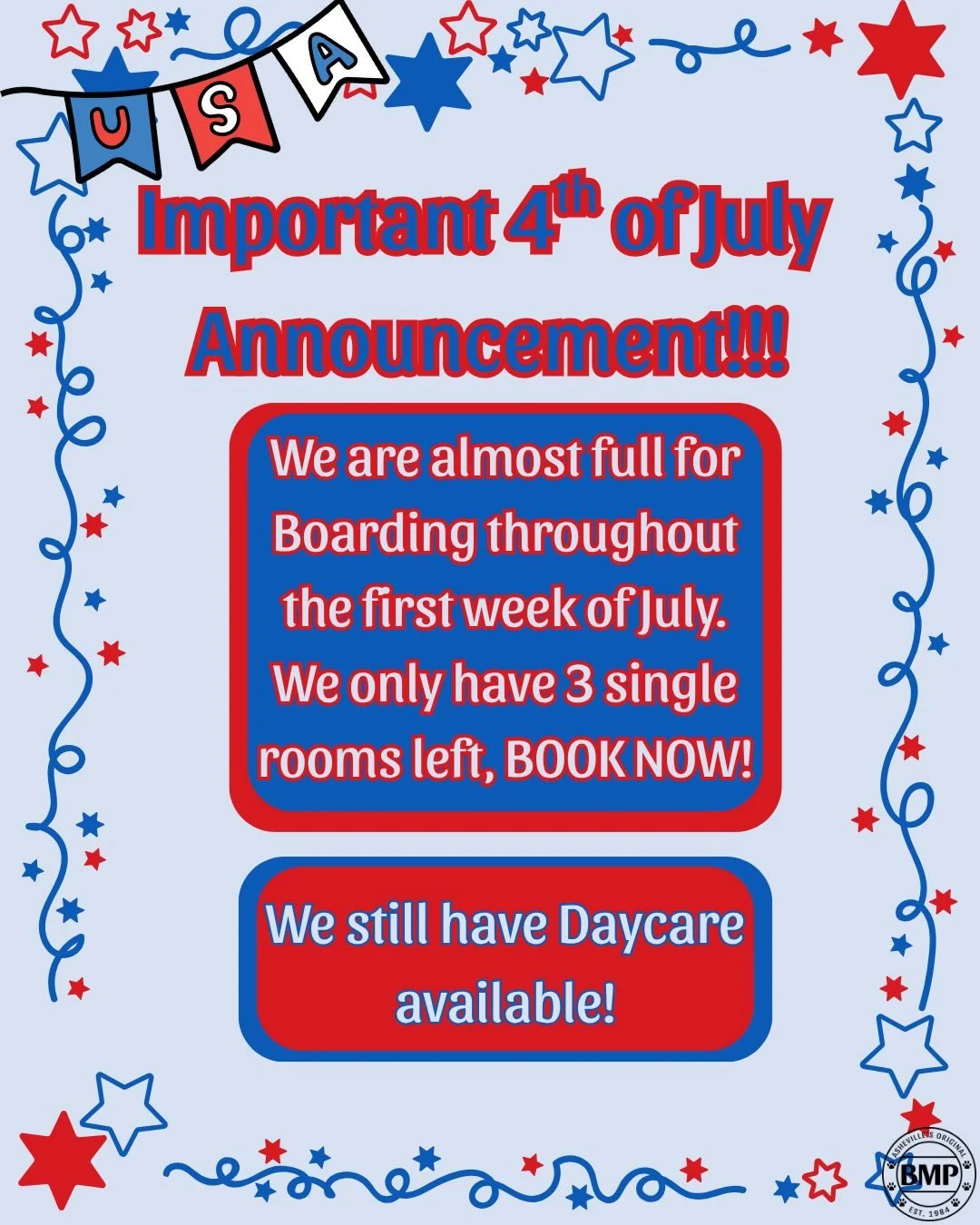 We are almost full for the first week of July!!! 

Currently we only have 3 single rooms open for the first week of July. 💙❤️
BOOK NOW!!! 

If you have additional questions about bookings or how our waitlist works please contact our front desk.🐾

#