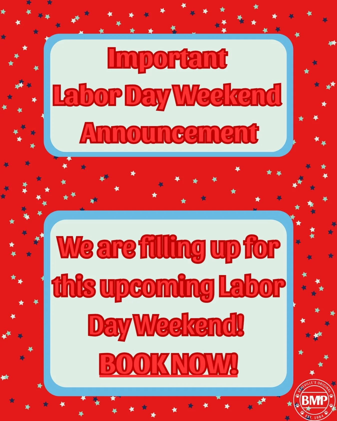 BOOK NOW!!! 

Our Labor Day Weekend slots are filling up fast!

We only have a couple of Overnight Boarding rooms left. 
Plenty of Day Care spots for Friday and Saturday are still available😊 

Hours are as normal for Labor Day. 

Call out front desk
