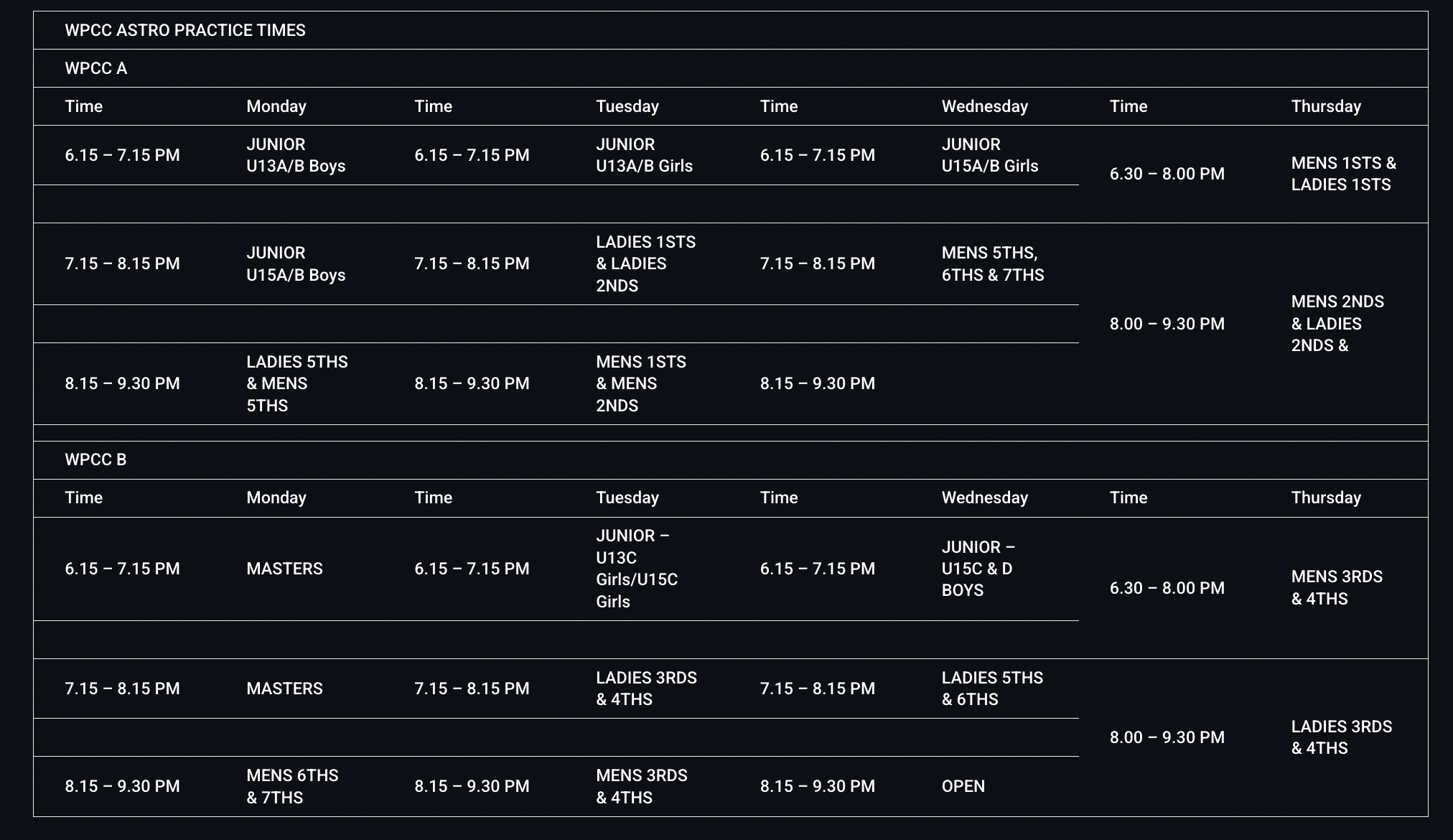 Schedule for WPCC Astro practice times including different age groups and days for WPCC A and WPCC B, with times from 6:15 PM to 9:30 PM on various weekdays.