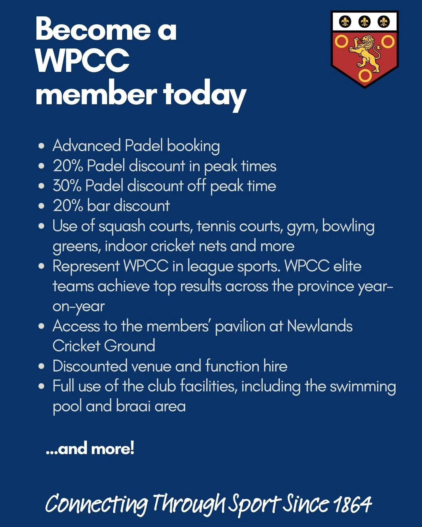 Poster promoting WPCC membership benefits, including advanced padel booking, discounts, use of sports facilities, and access to pavilion and club amenities, with WPCC crest in top right corner.