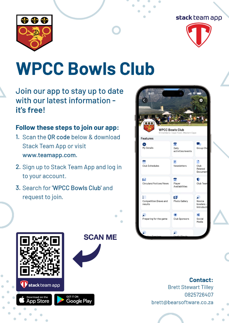 Flyer for WPCC Bowls Club promoting app signup with a QR code and instructions, featuring the club's logo, the Stack Team App logo, and a smartphone displaying the app interface with various options.
