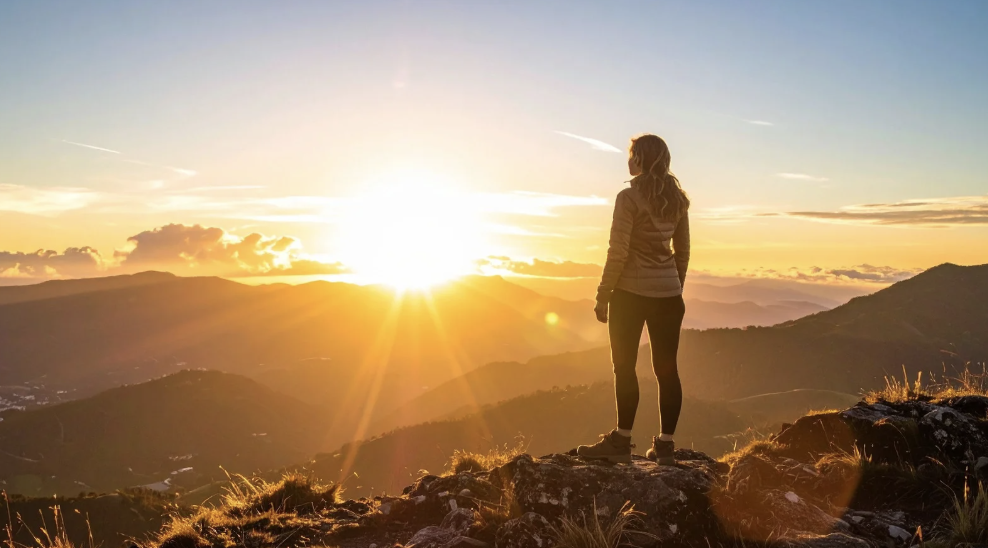 Eine Frau steht auf einem Felsen auf einem Berggipfel und betrachtet den Sonnenuntergang über einer Bergkette.