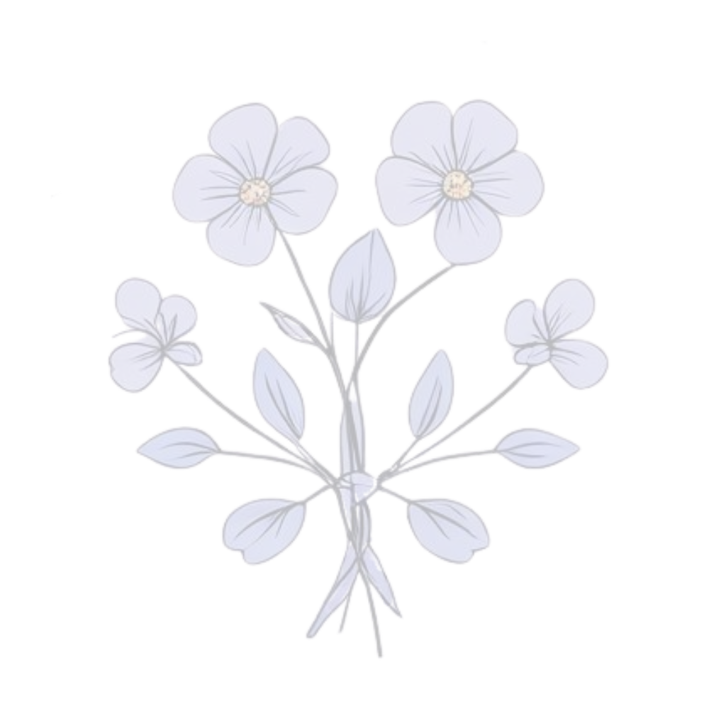 A digital illustration of a bouquet of six purple flowers with five petals each, along with matching purple leaves and stems.