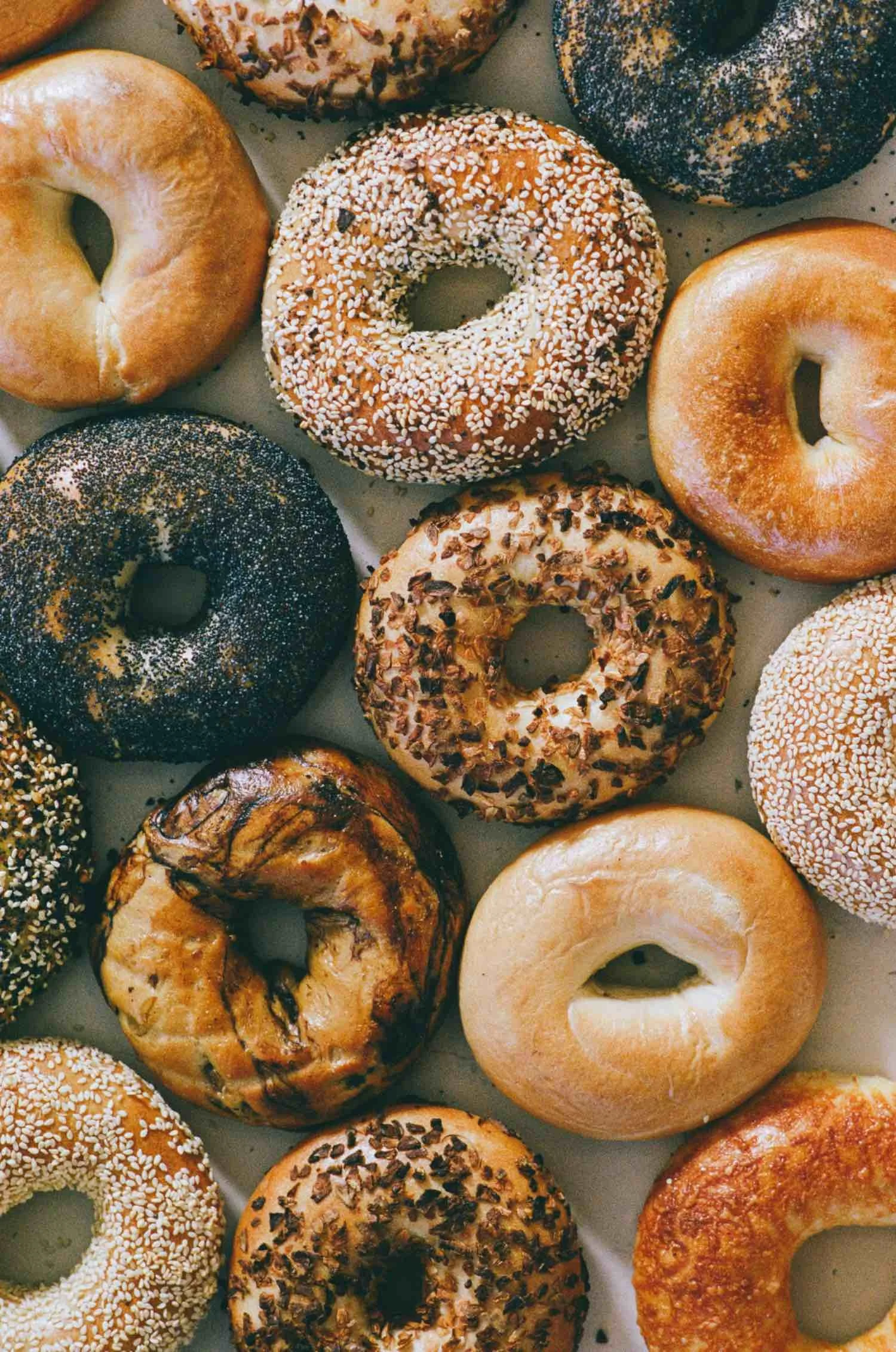 A close-up of assorted bagels with various toppings such as sesame seeds, poppy seeds, and chocolate chips.