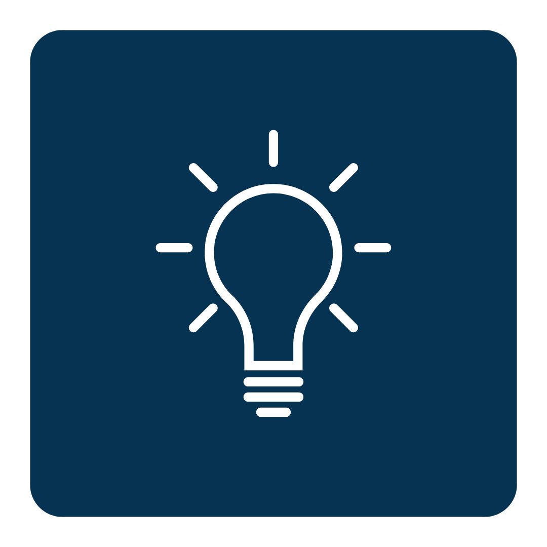 White light bulb icon with rays on a dark blue square background, symbolizing an idea or construction contractor insights.
