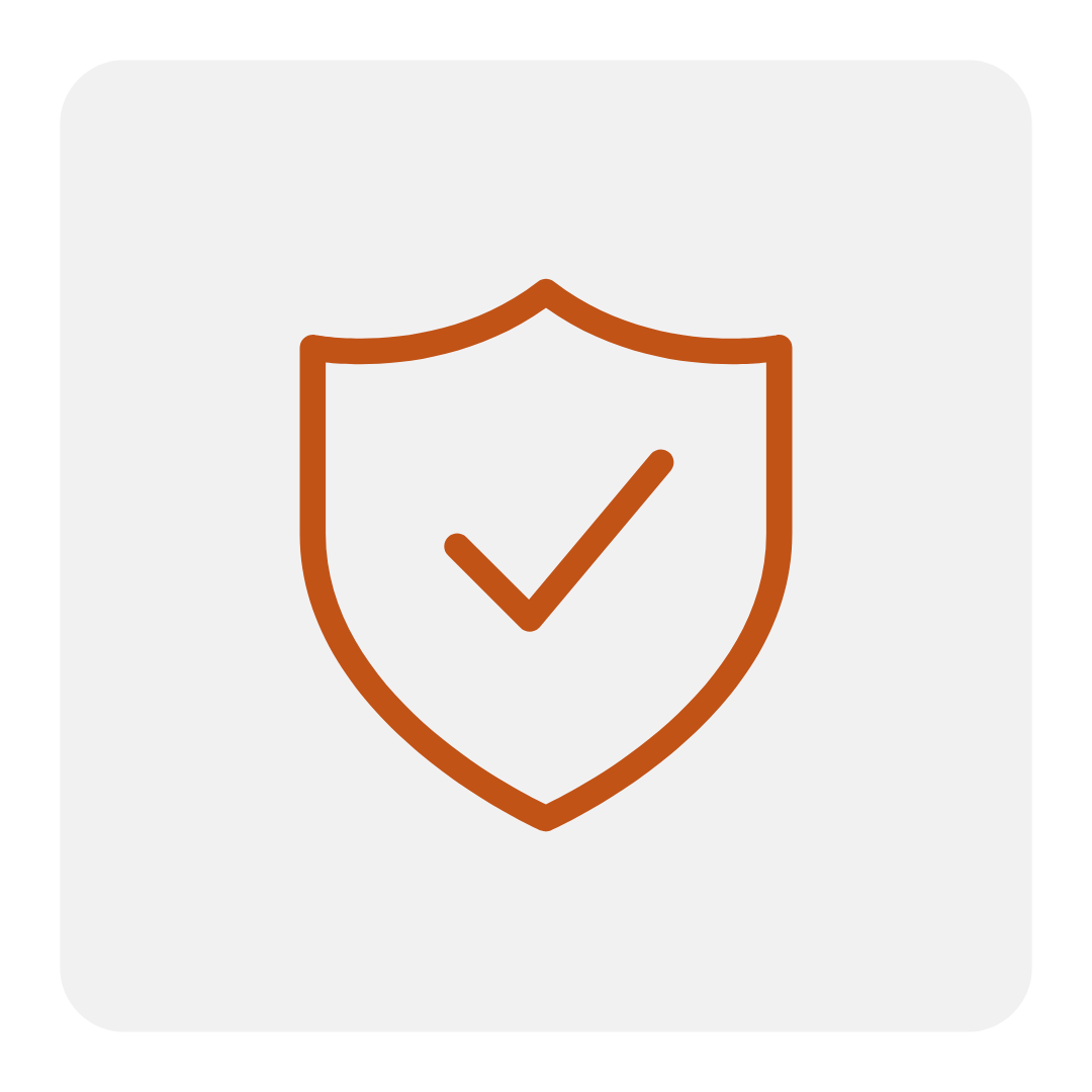 Orange shield with a checkmark icon on a light gray square background, symbolizing protection on construction projects.