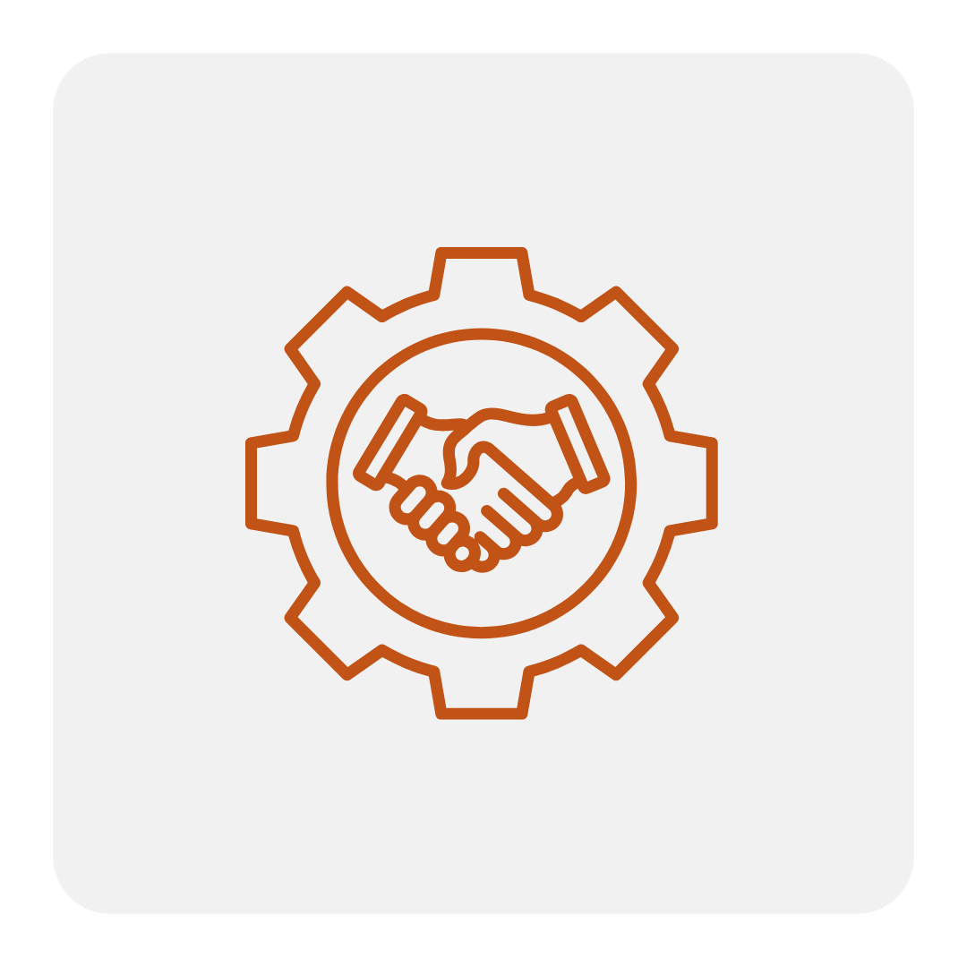 Icon of two hands shaking inside a gear symbol, representing partnership or collaboration with a commercial construction Columbus Ohio.