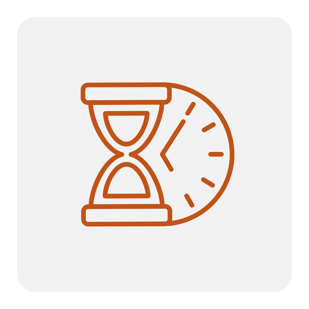 Brown hourglass and clock icon on a light gray rounded square background, symbolizing the on-time construction delivery.