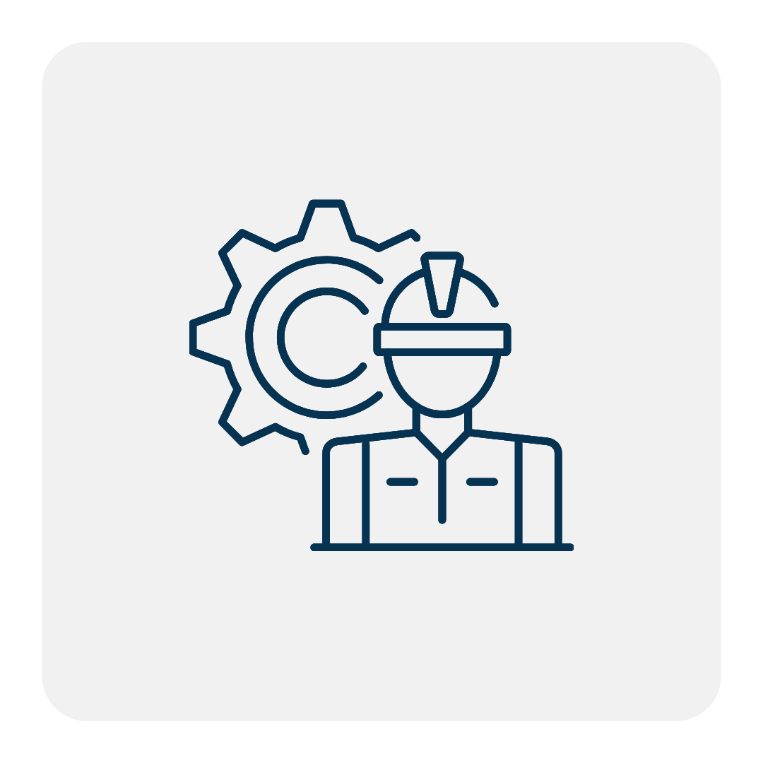 Outlined icon of a worker wearing a hard hat in front of a gear, showing value engineering services that lead to 50% fewer safety accidents.
