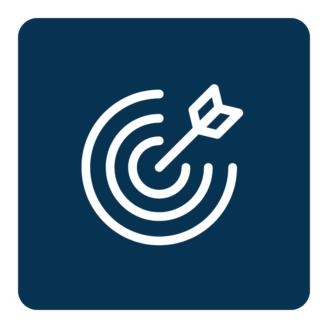 White dart hitting the center of a target icon on a dark blue square background showing how CM Collaborative is a construction business tailored to your goals..