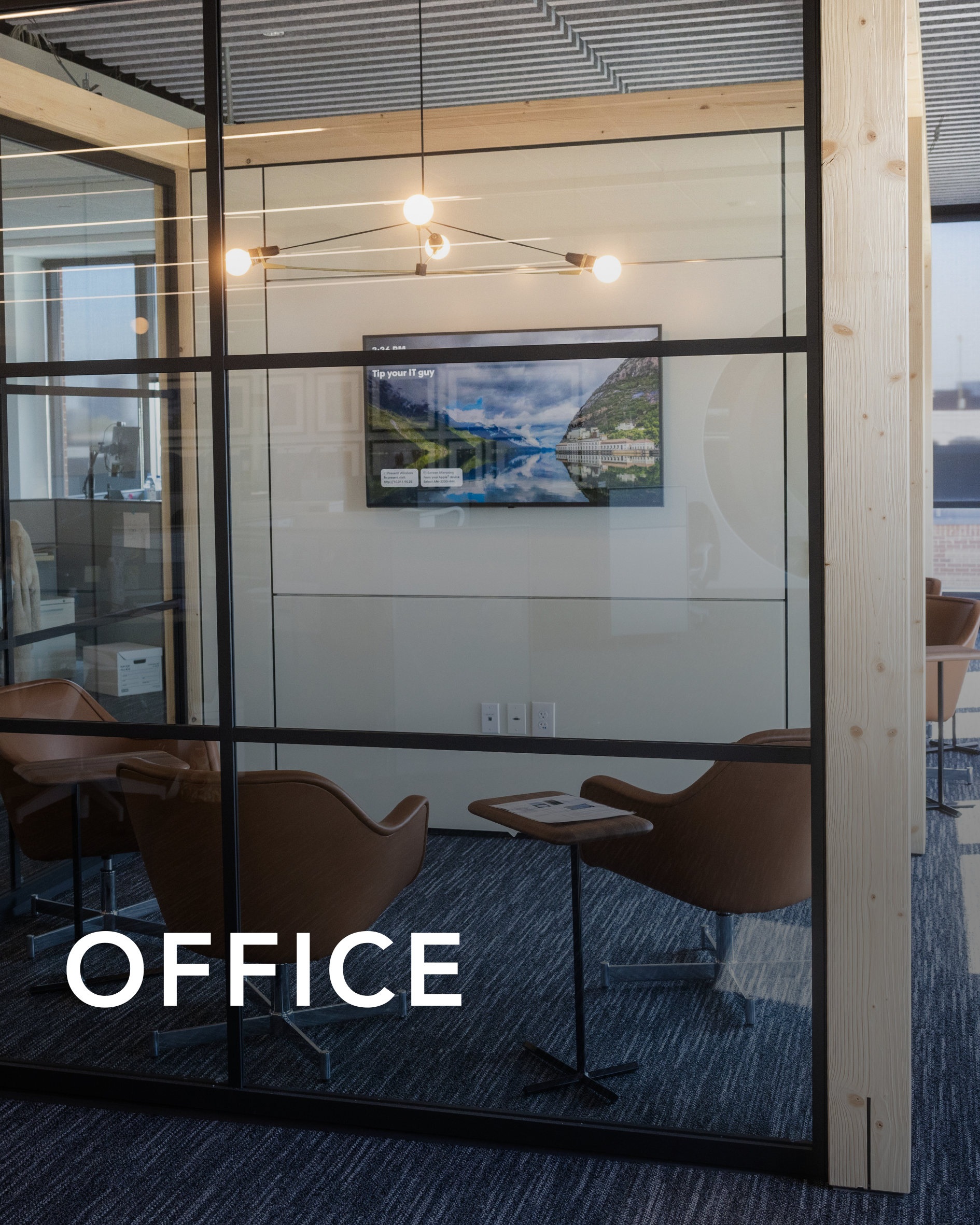 An interesting and modern design of an office is shown which leads to the fact that CM Collaborative can design office spaces.