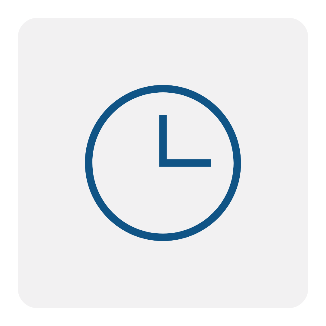 Blue clock icon with white background, displaying the time as 3:00. The icon is centered in a rounded square showing the on-time construction.