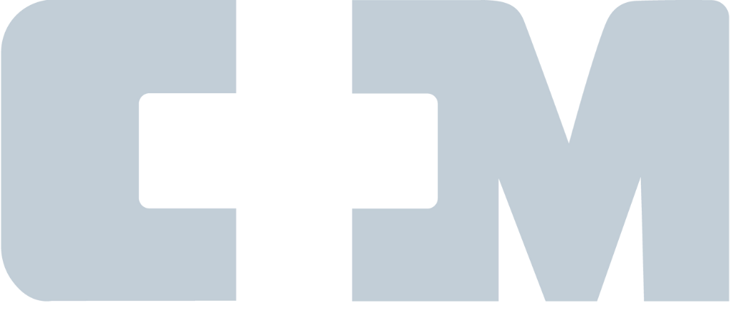 Blue geometric letters "C" and "M" in a bold, block style on a transparent background for the family-run commercial contractor CM Collaborative.