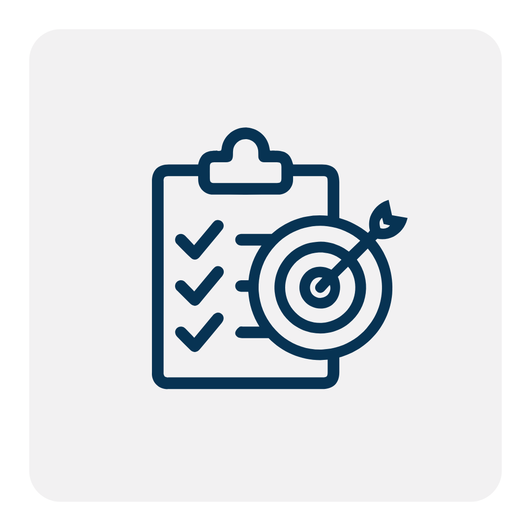 Icon of a checklist on a clipboard with a target and arrow, representing goal setting or task completion showcasing on-time construction delivery.