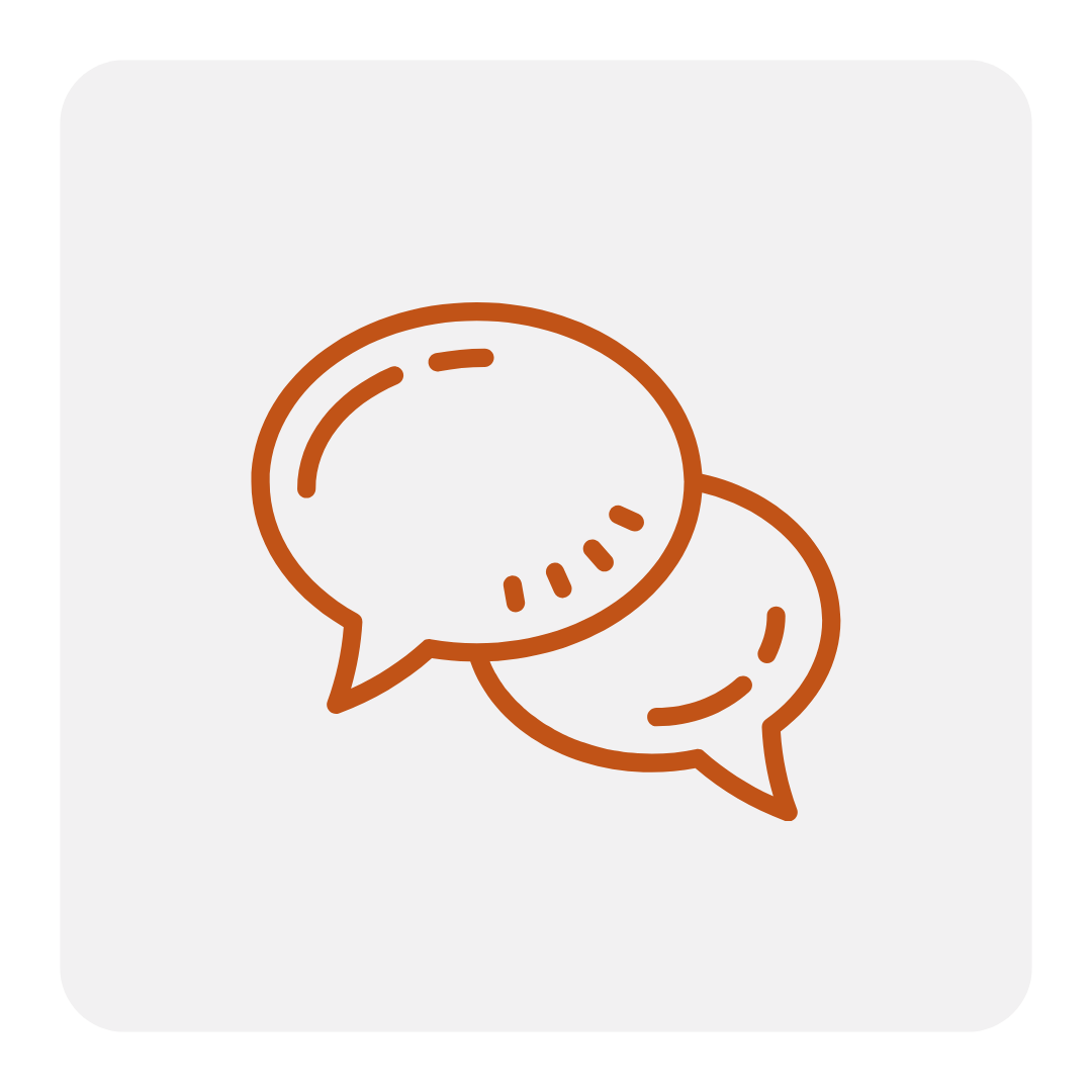 Two overlapping speech bubbles icon in orange outline on a light gray square background with rounded corners showcasing trusted general contractors for retail projects.