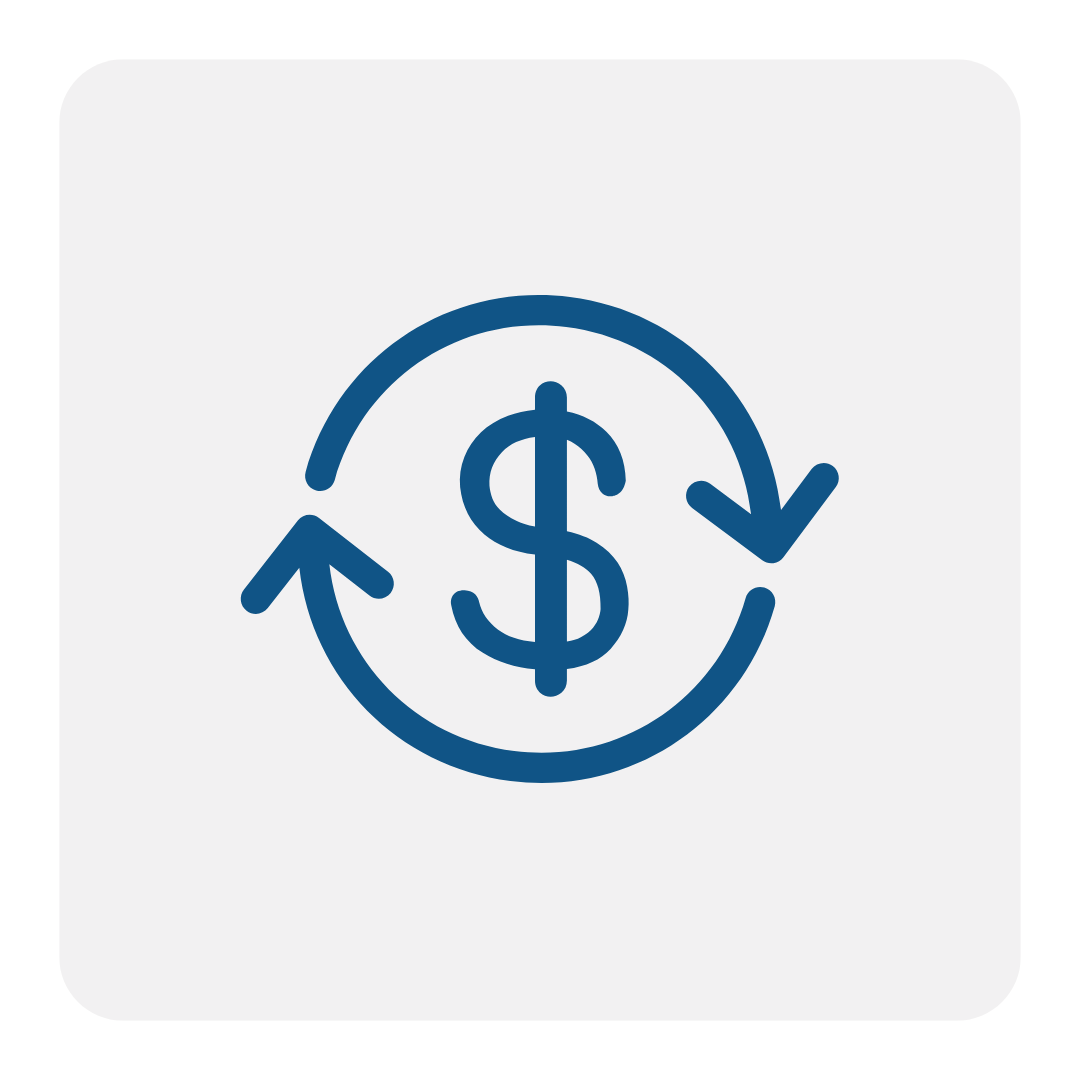 Blue dollar sign with two circular arrows on a gray square background, symbolizing money transfer or transaction for a commercial construction company.