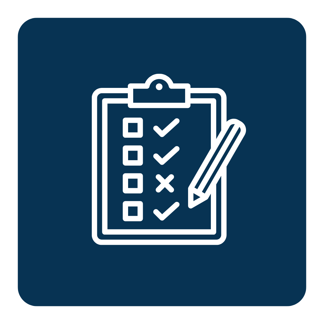 White clipboard with a checklist and a pencil icon on a dark blue background showing construction cost evaluations and budget..