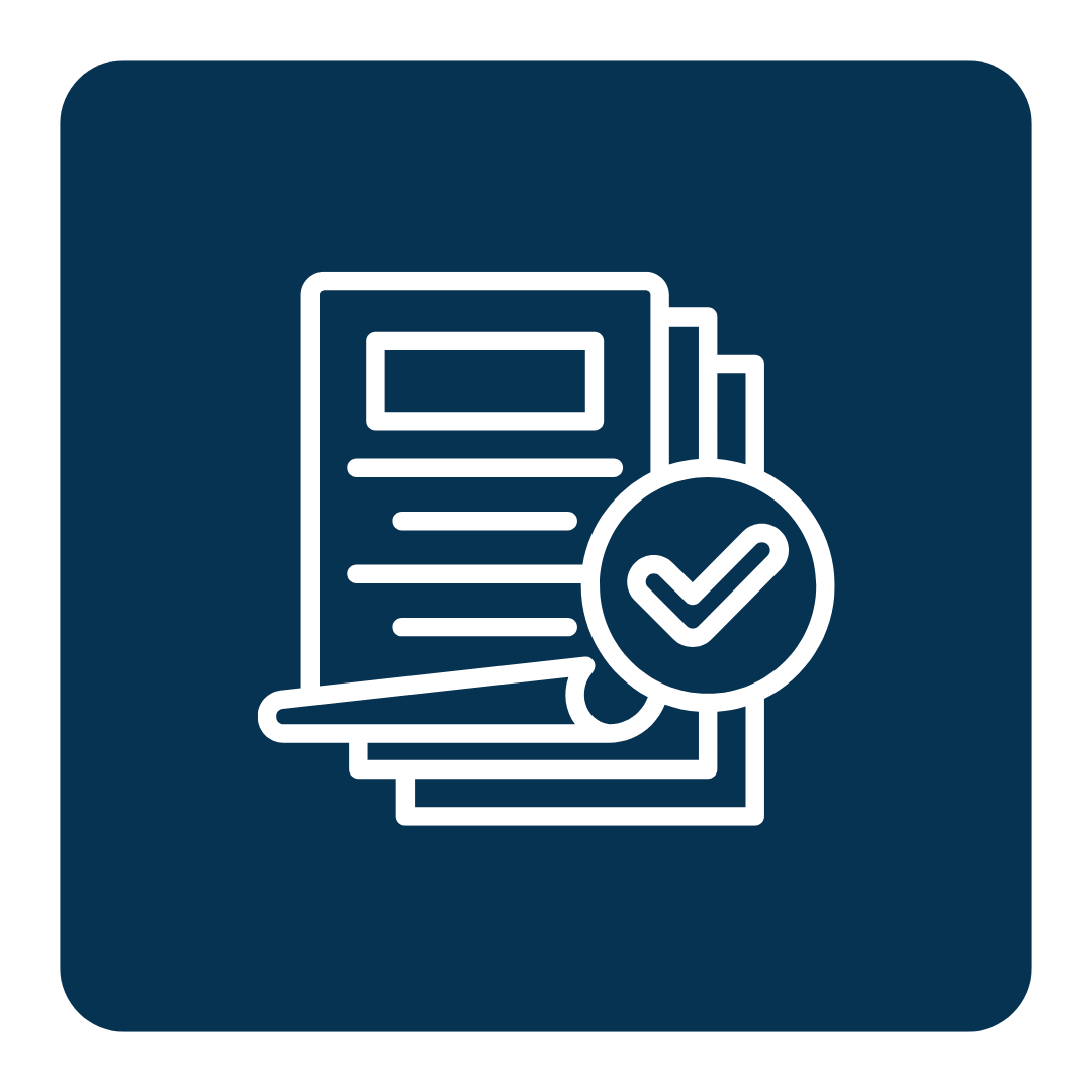 Stack of papers with text and a large checkmark in a circle, set against a dark blue square background showing construction project planning.
