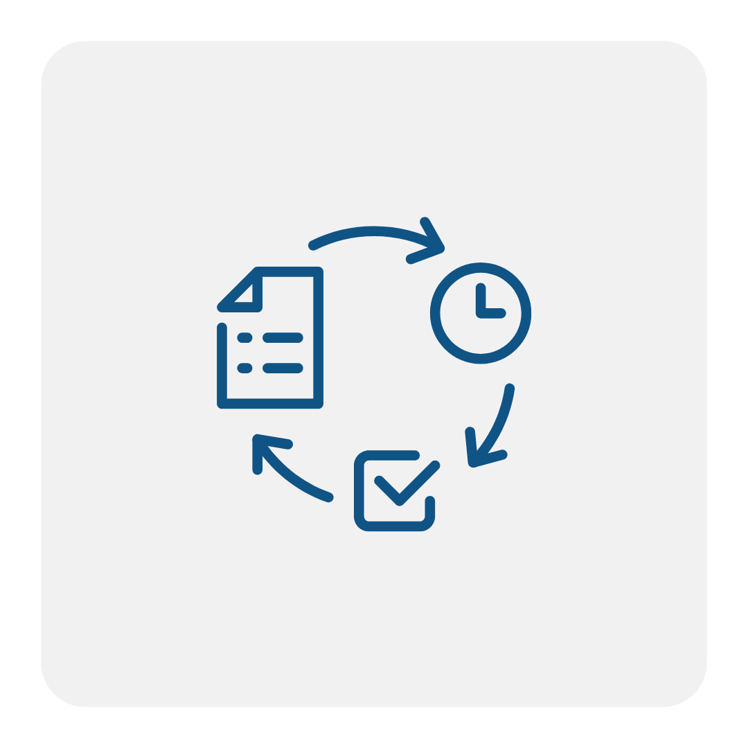 Icon showing a document, clock, and check mark connected by arrows in a circular workflow on a gray background showing owner’s representative construction .
