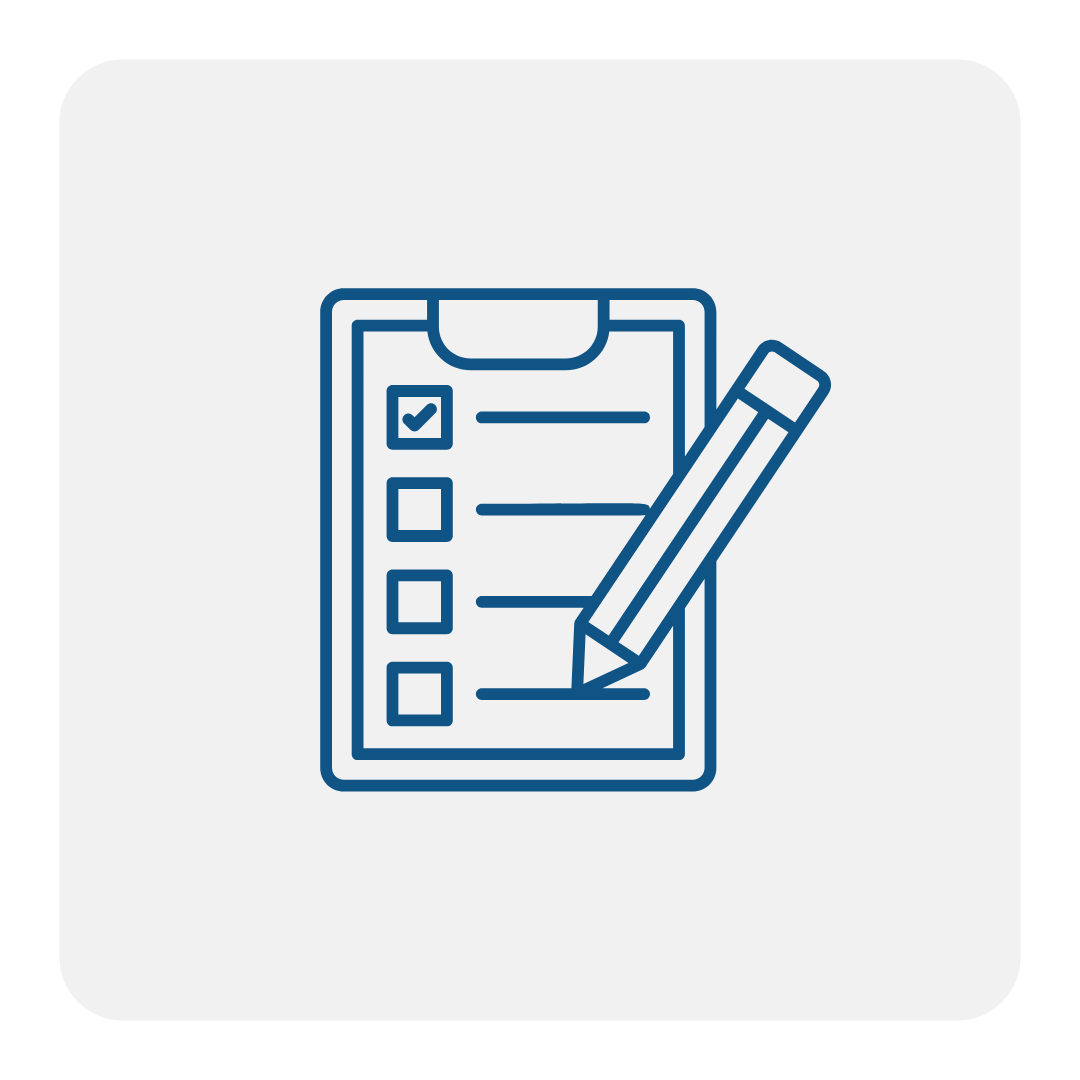 Blue icon of a clipboard with a checklist and a pencil on a light gray square background proving CM Collaborative's no change track record.
