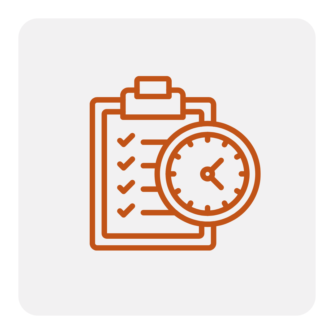 Icon of a checklist on a clipboard next to a stopwatch, symbolizing time management or task scheduling for commercial contracting services.