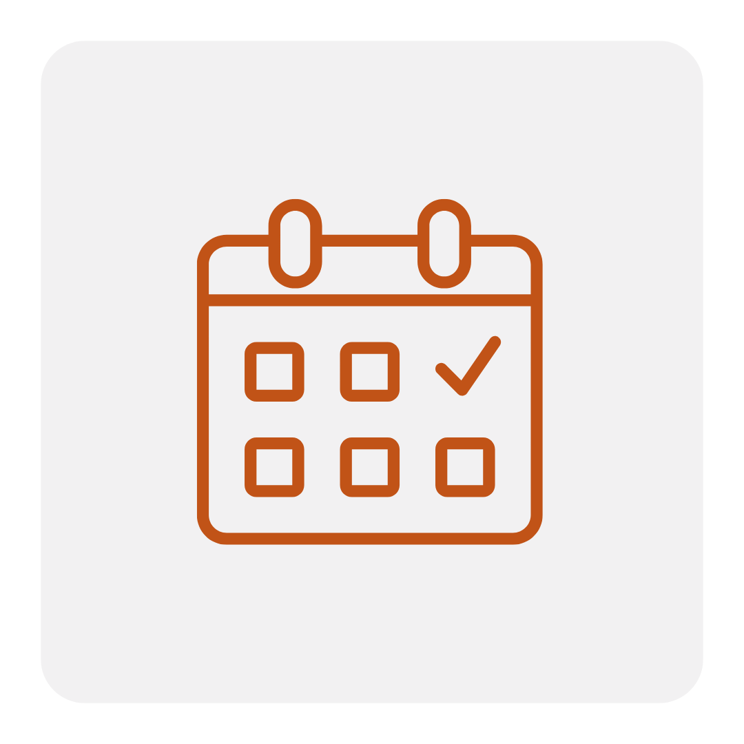 Simple line drawing of a calendar with a checkmark on one date, centered on a light gray background symbolizing a full-service commercial contractor.