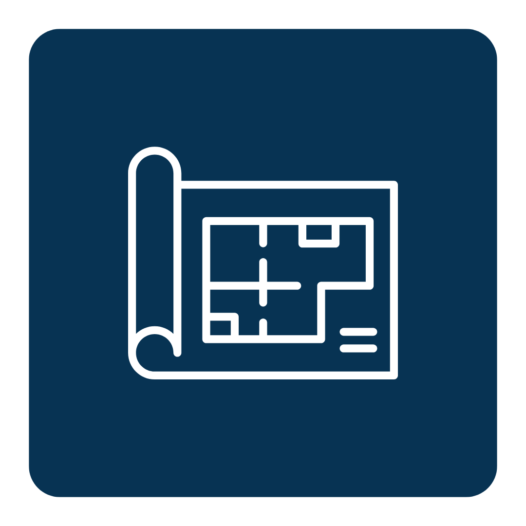 White line drawing of a rolled architectural floor plan displayed on a dark blue square background showing a construction design analysis.