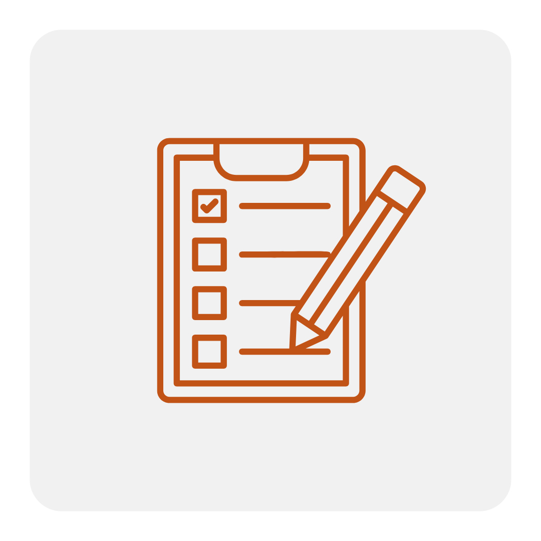Brown outline of a checklist on a clipboard with a pencil, one box checked showcasing a general contractor with no change orders in Ohio.