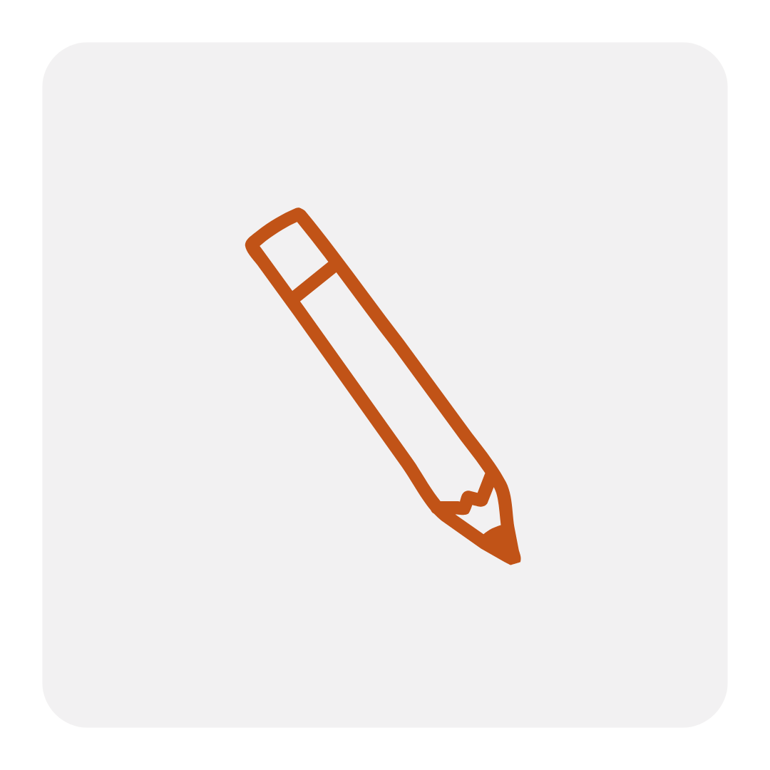 Simple orange pencil icon centered on a light gray square background with rounded black corners symbolizing few changes with pre-construction planning services.