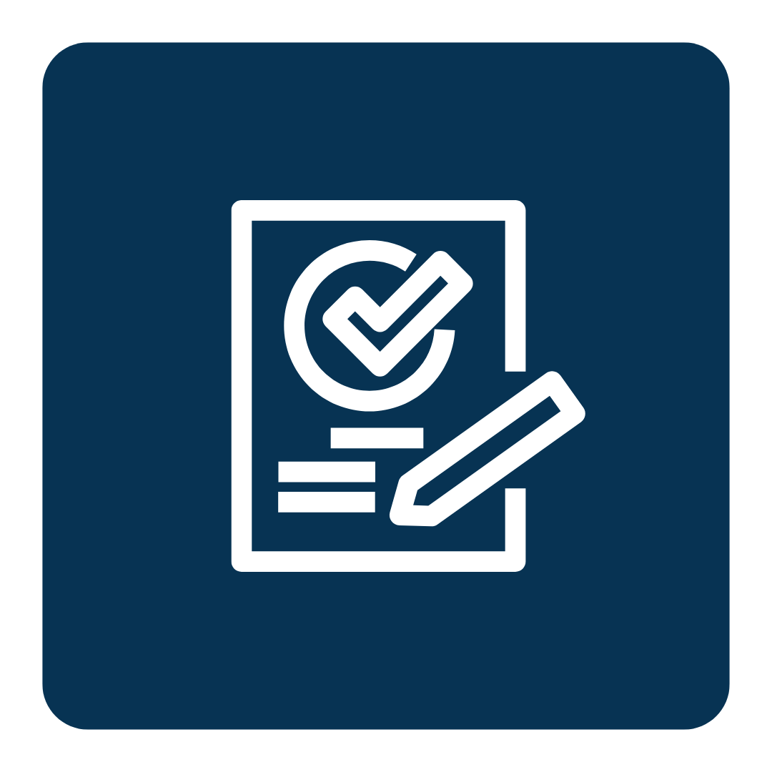 White icon of a document with a checkmark and a pencil on a dark blue background showcasing the code compliance guidance of CM Collaboration.