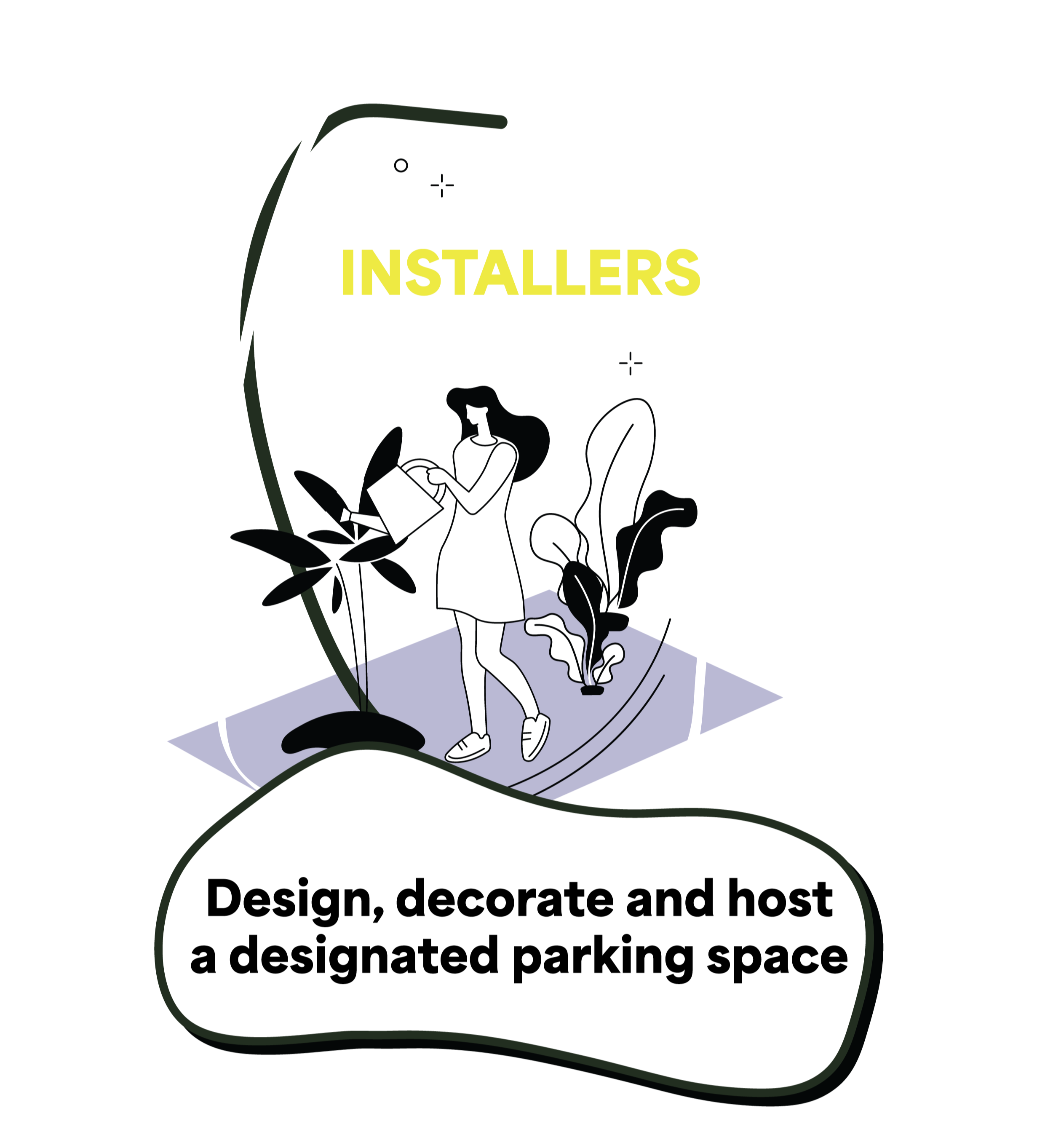 A promotional poster with a person sitting on a chair, holding papers, indoors with plants, with text encouraging designing, decorating, and hosting a designated parking space.