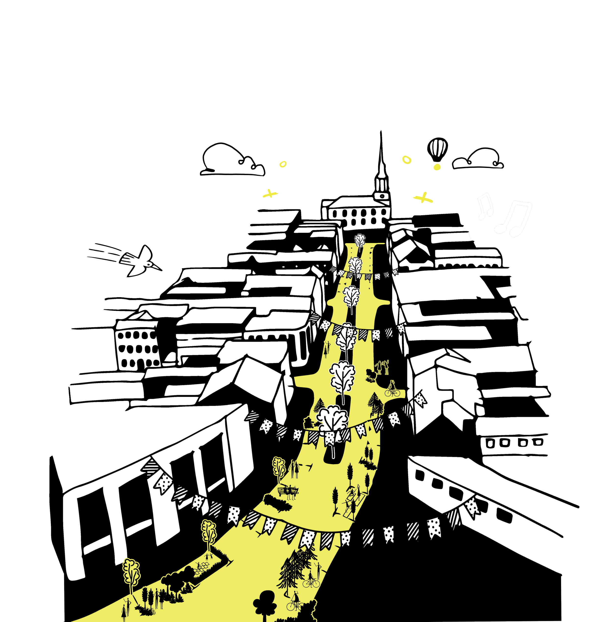 Illustration of a cityscape transforming into a lush green park with trees, walking paths, and people enjoying outdoor activities, including biking and walking, under a church steeple in the background.