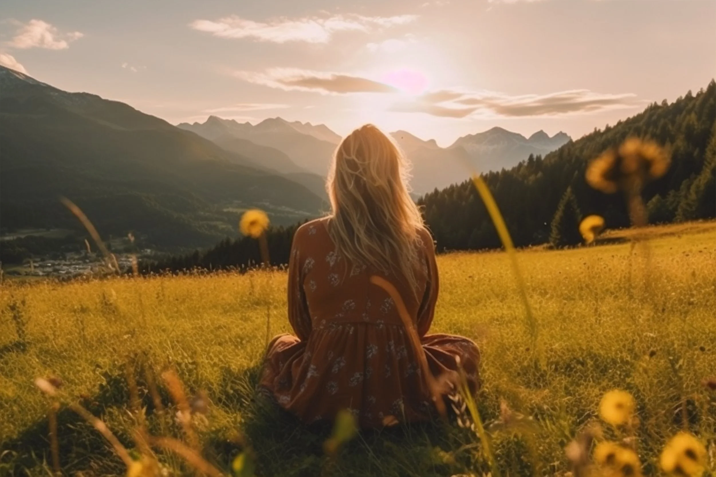 A woman with blonde hair sitting in a yellow flower field during sunset, with mountains in the background.
