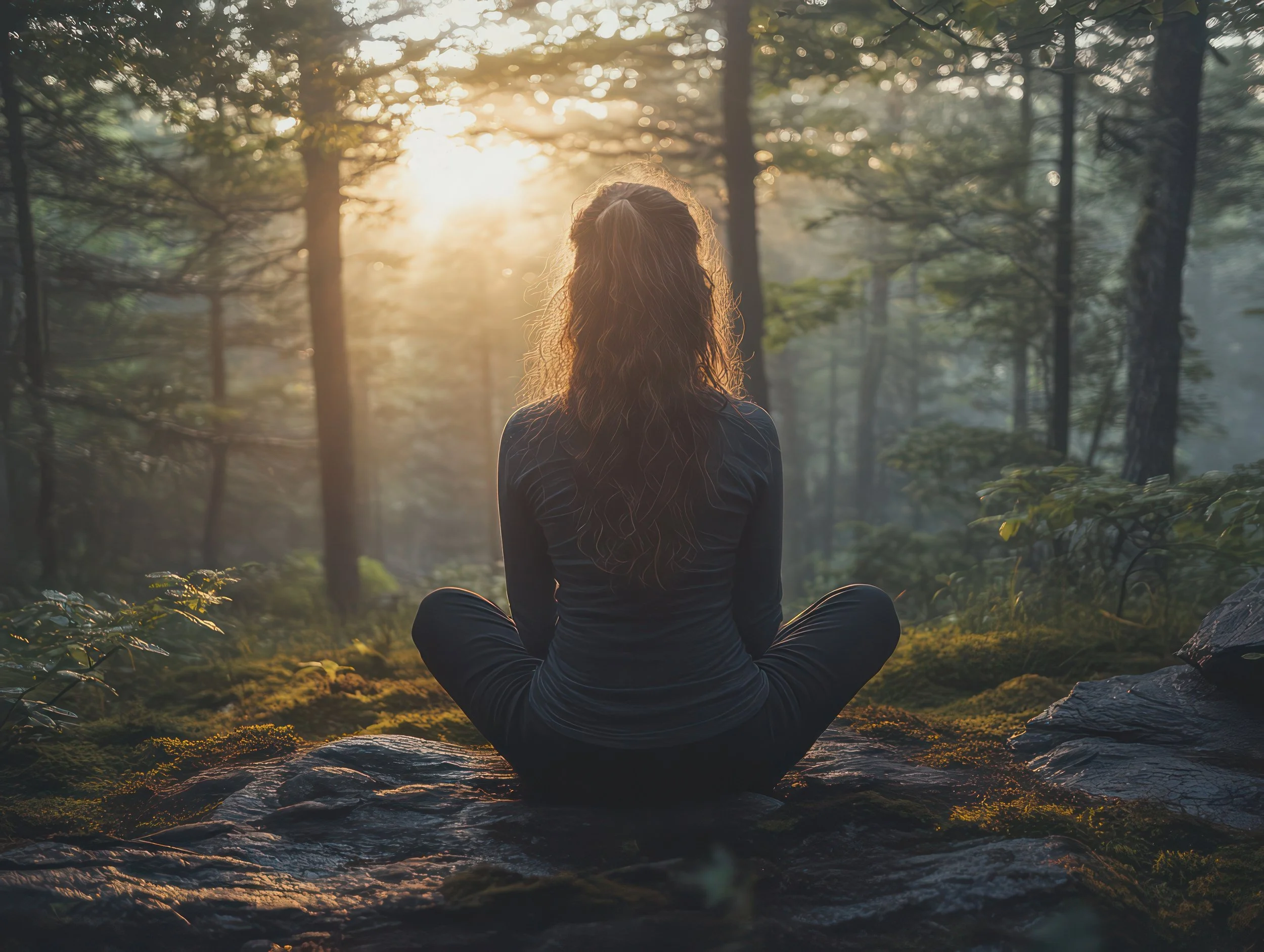A woman sitting on a sofa with a Siberian Husky and a Golden Retriever in a living room. The woman has curly blonde hair, and the dogs have pink tongues out. The background features a mountain painting and pillows on the sofa.