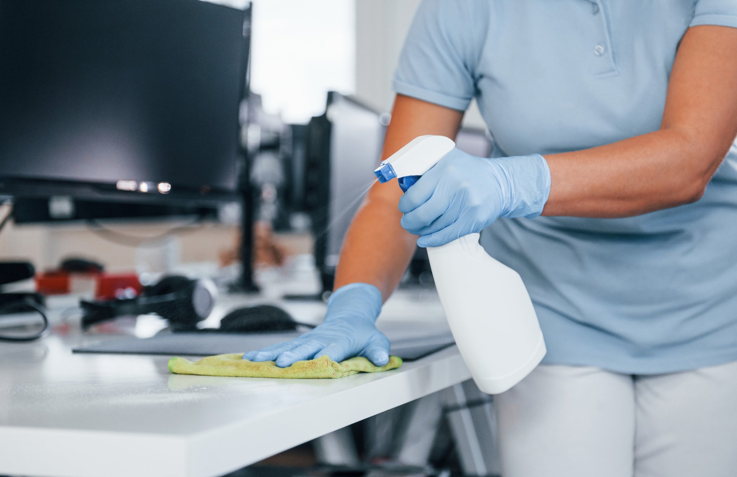 MPC's commercial office cleaning service in Dublin, with detailed sanitising of desks and surfaces.