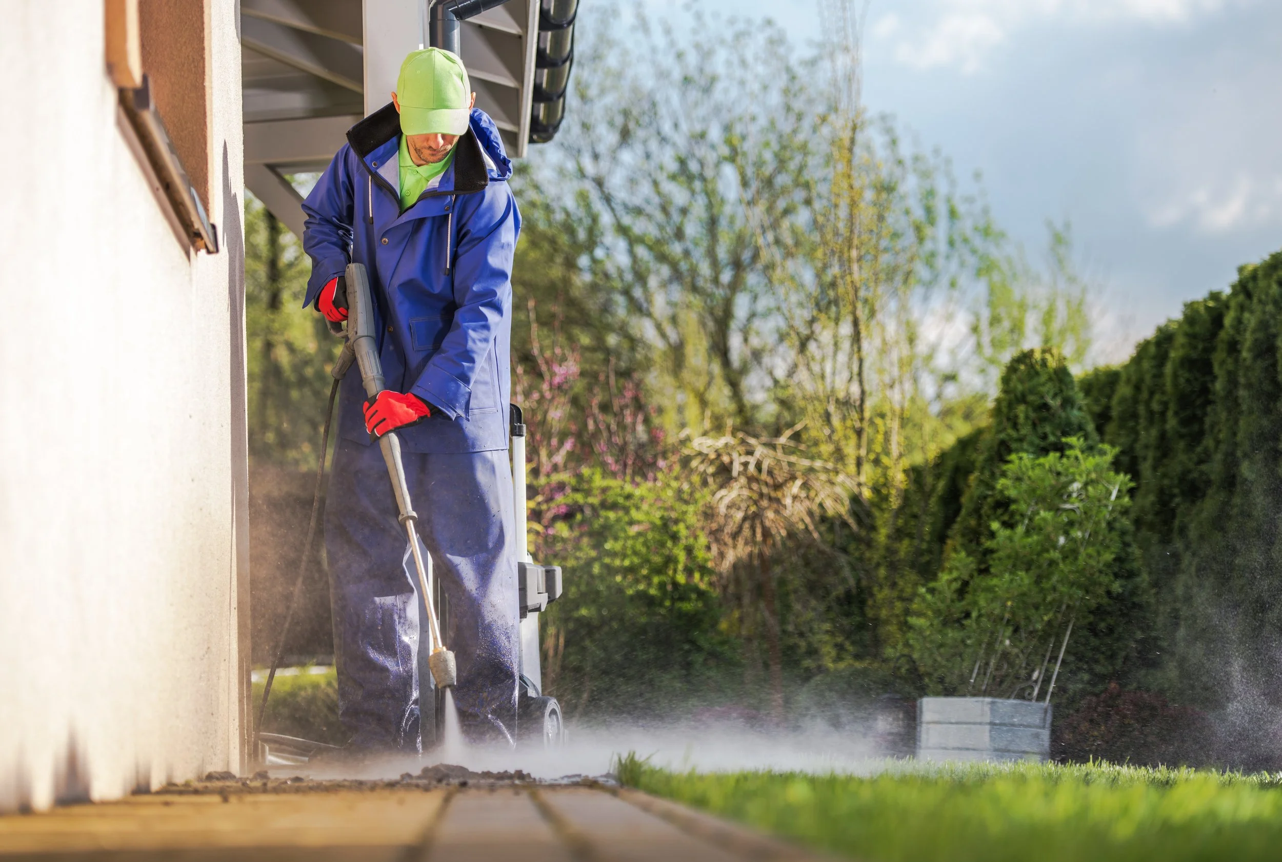 Professional exterior cleaning service in Dublin, power washing the wall of a house.