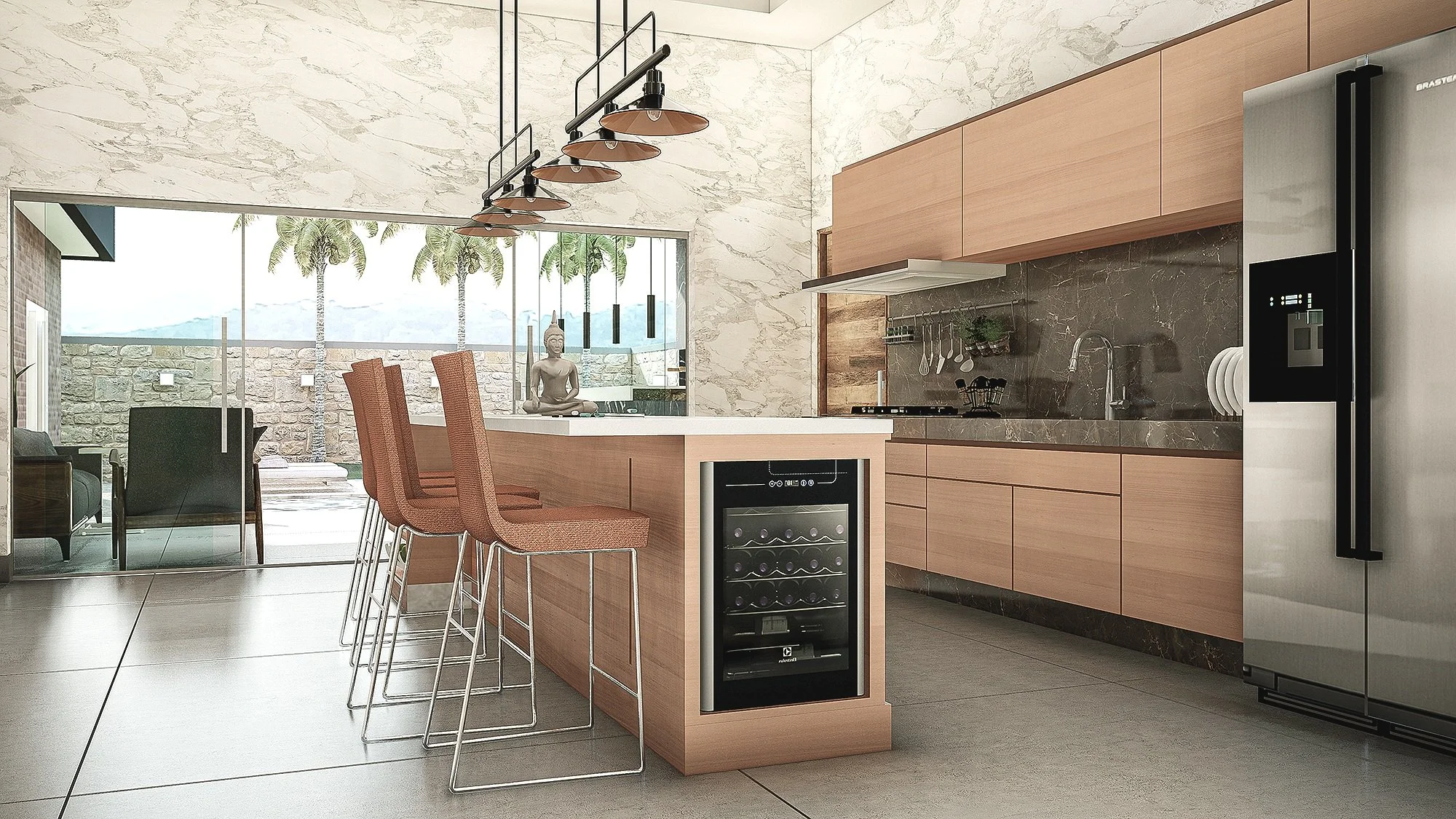 Cozinha moderna com bancada de madeira, cadeiras de bar estofadas, geladeira de inox, prateleiras com plantas e utensílios, janela grande com vista para o exterior com árvores e uma estátua de Buda.