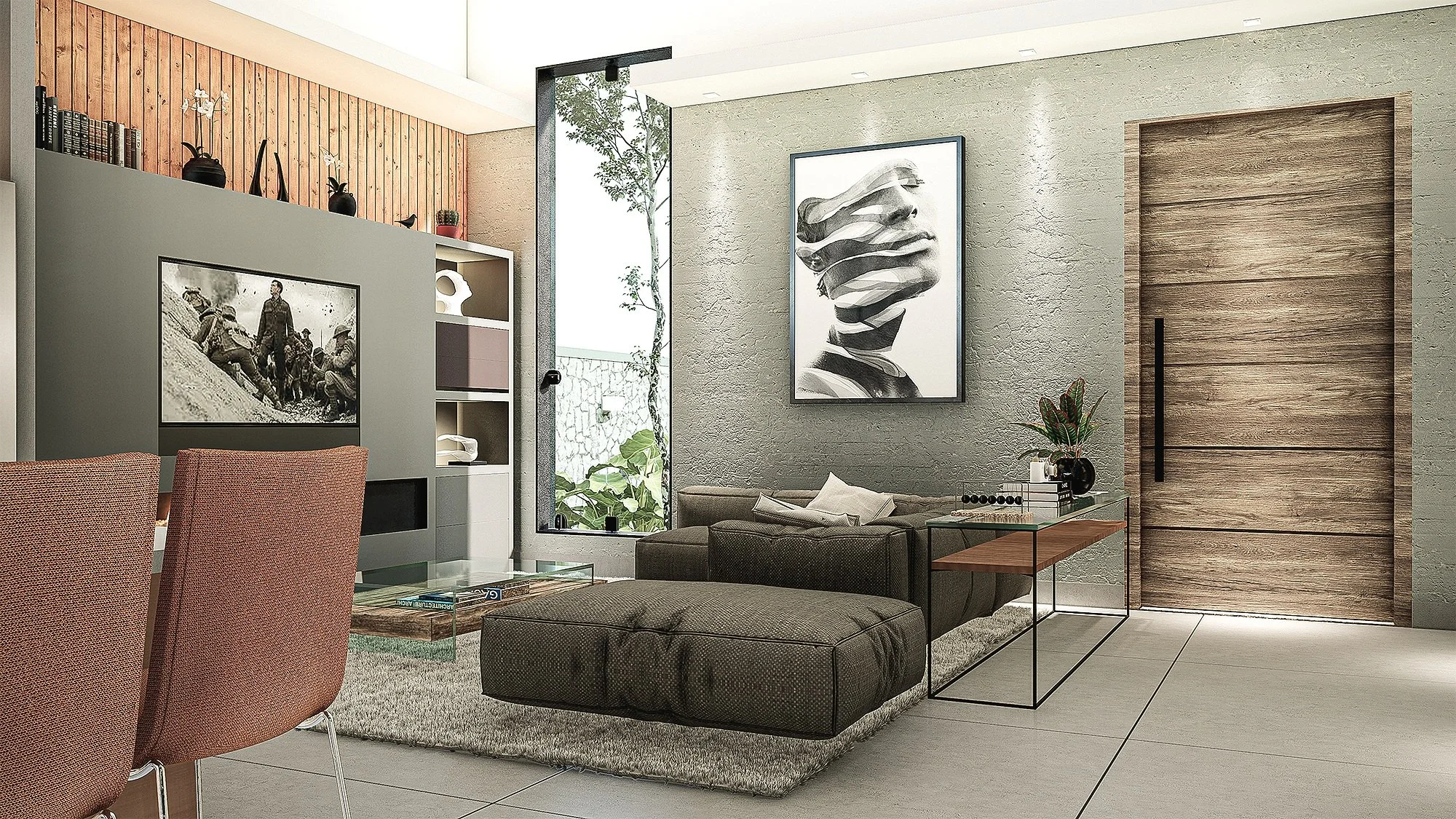 Sala de estar moderna com sofá cinza, mesa de vidro, quadro de arte abstrata na parede de tijolos cinza, porta de madeira ao lado de janela com plantas ao fundo.