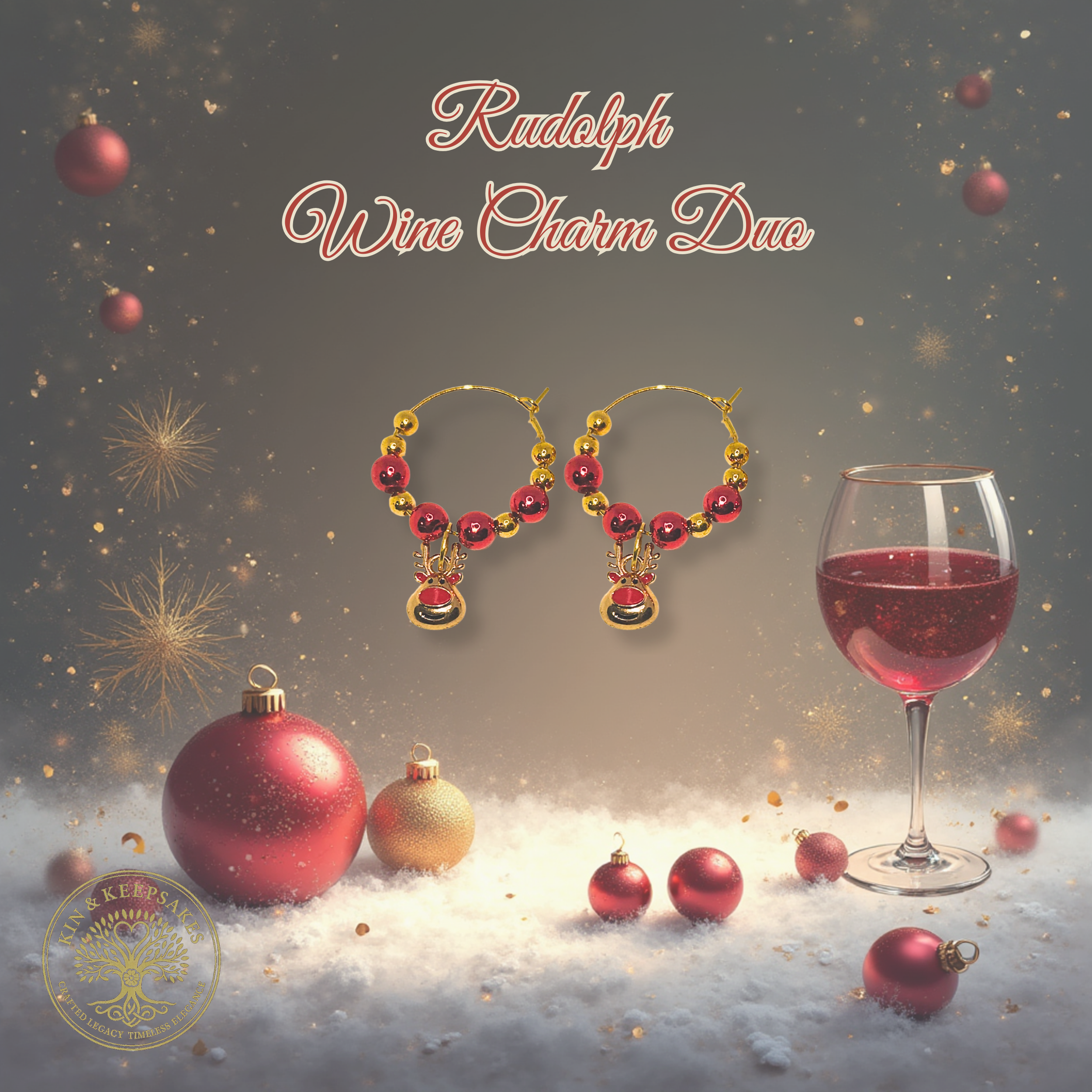 Rudolph Wine Charm Duo collection with red and gold beads in a festive Christmas setting
