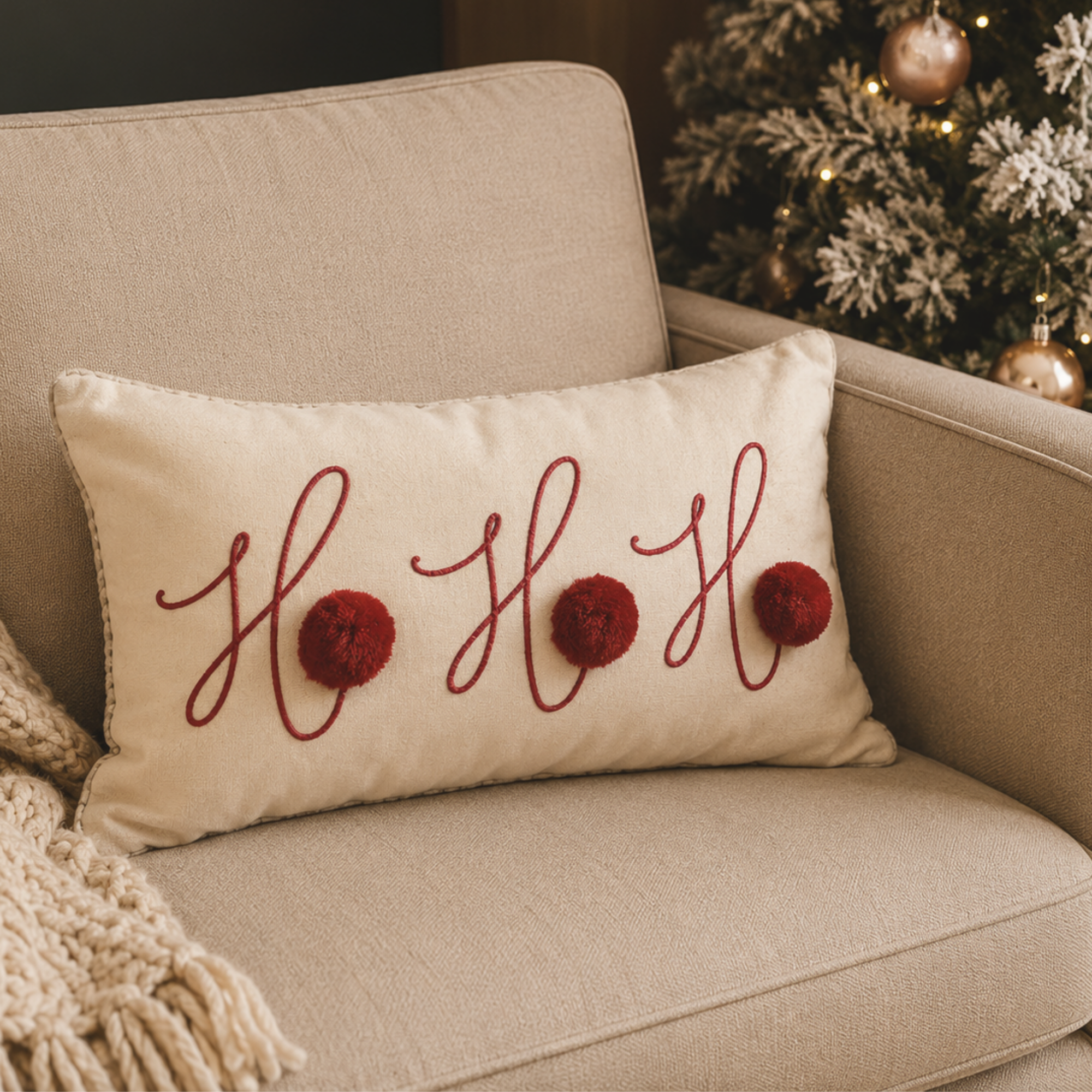 Cream Christmas cushion with red Ho Ho Ho design displayed on a sofa