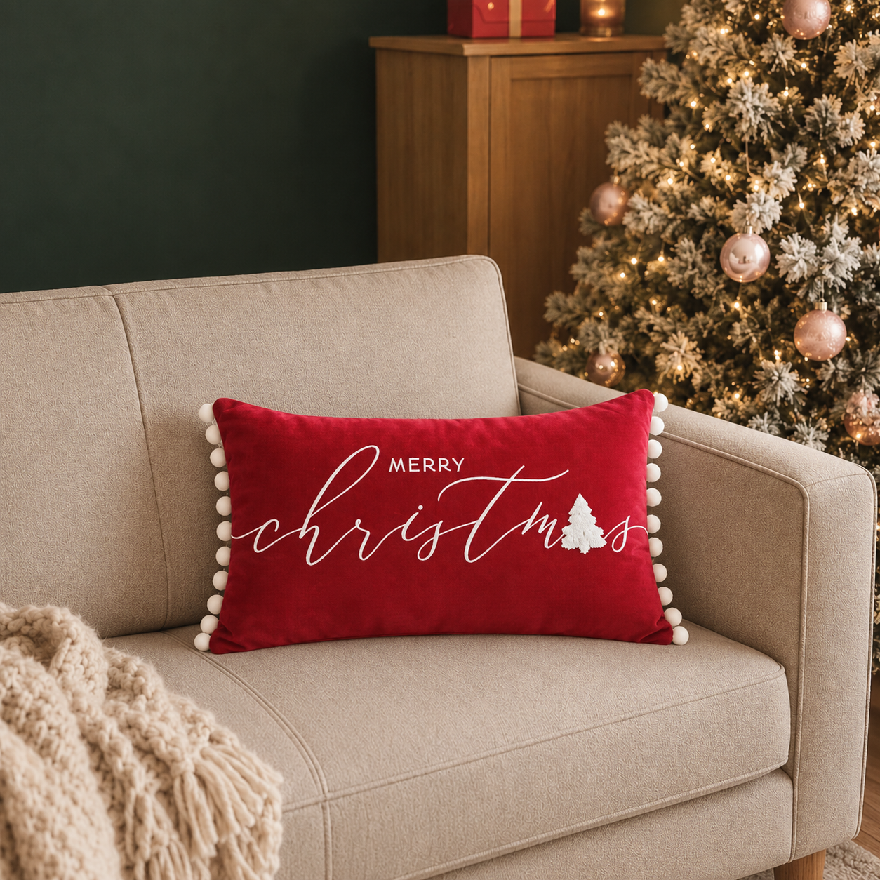 Red Merry Christmas cushion with white lettering and pom pom trim displayed on a sofa