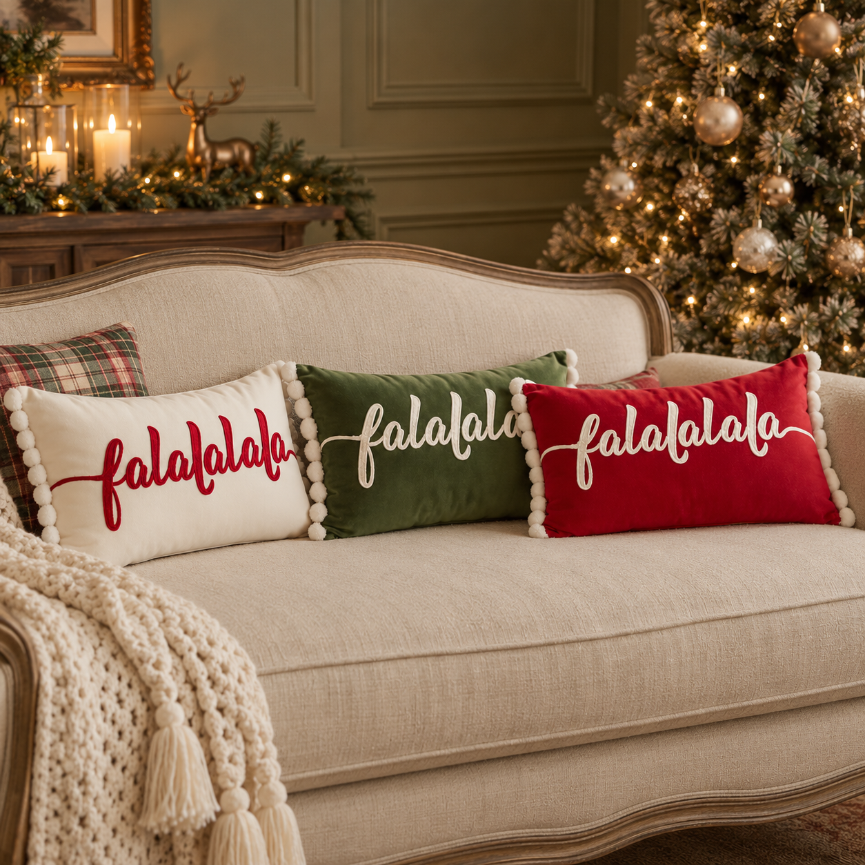 Close-up detail of cream Ho Ho Ho Christmas cushion with red embroidery and piping