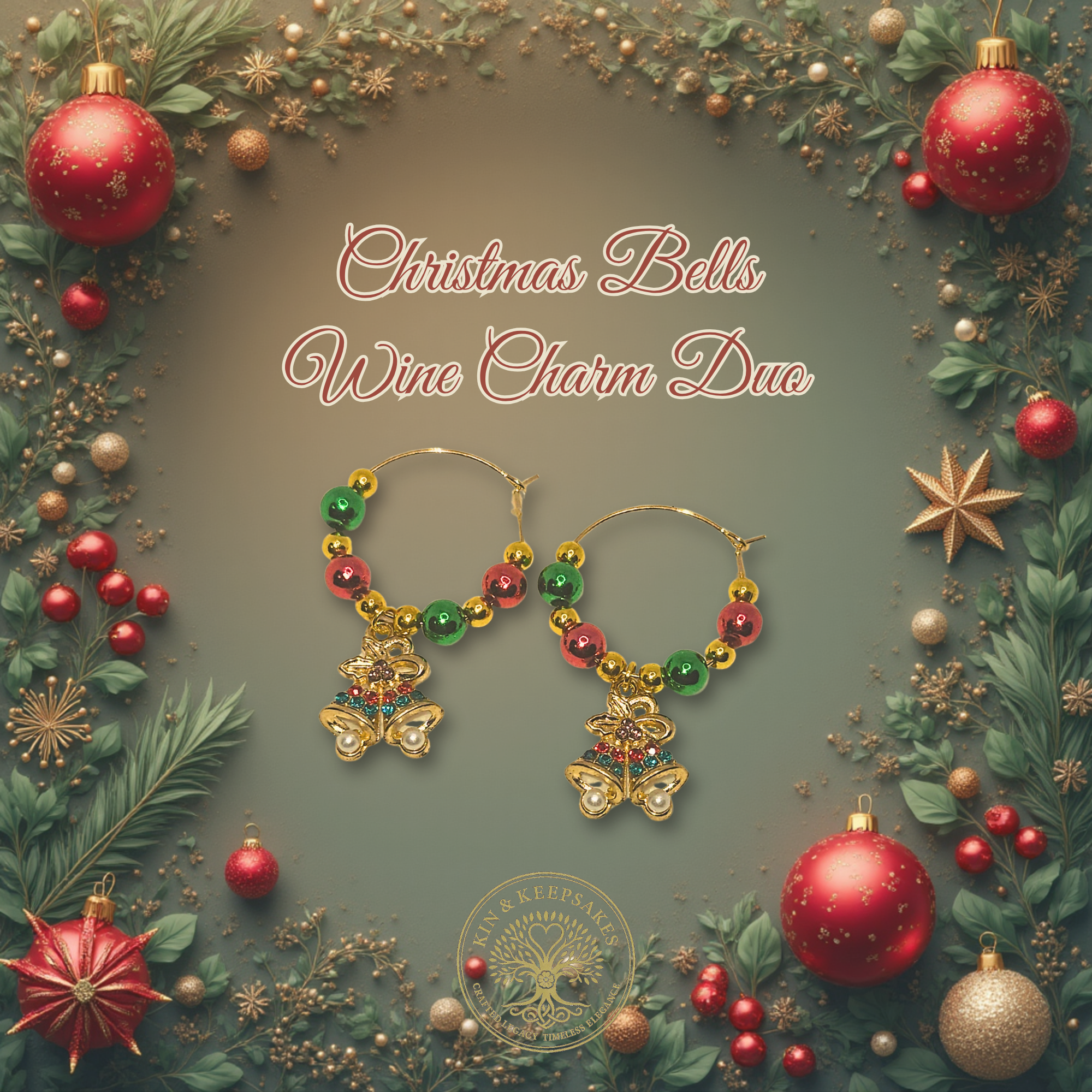 Christmas Bells Wine Charm Duo with jewelled bell charms in a festive Christmas setting