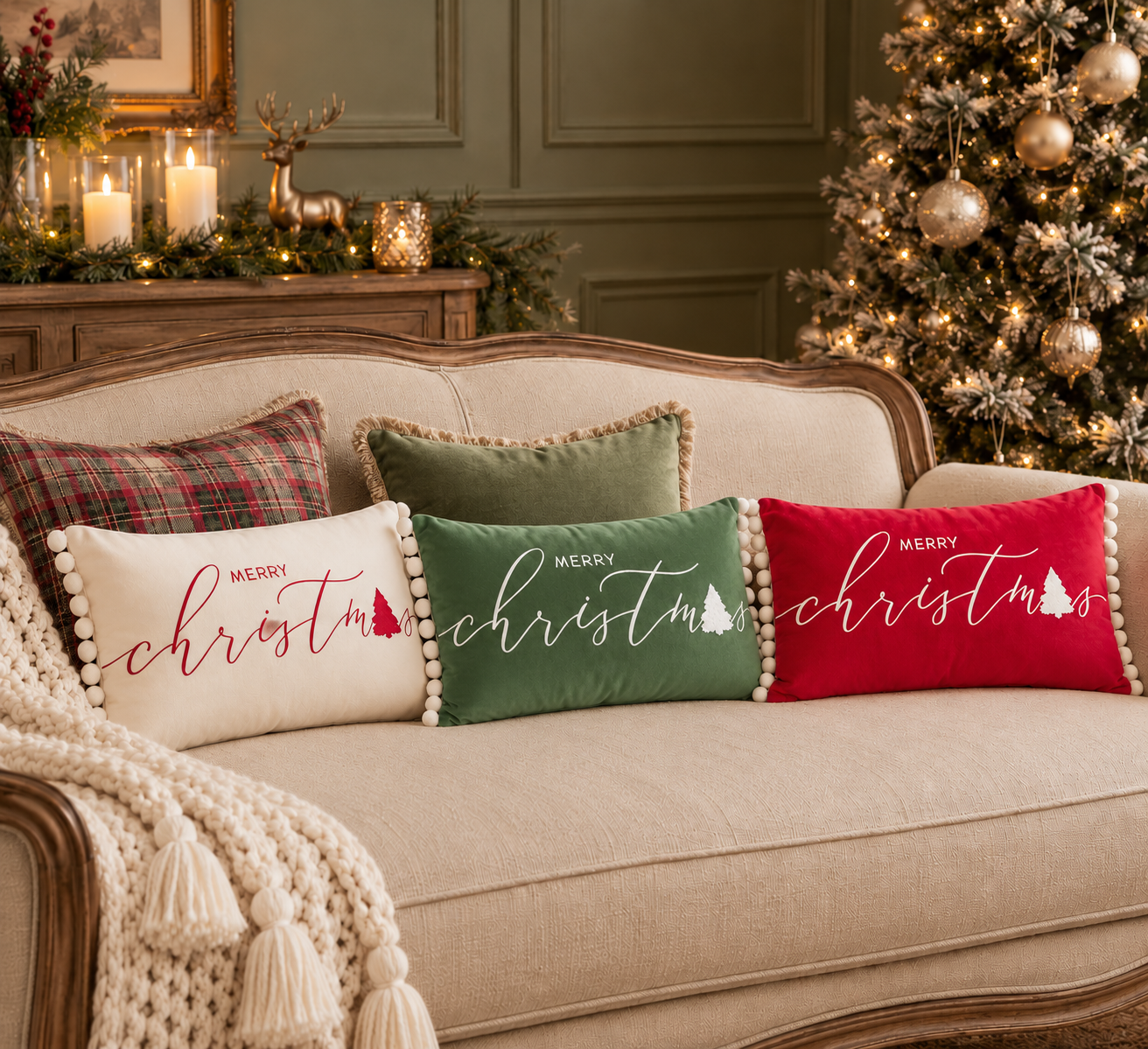 Merry Christmas cushions in cream, green and red displayed together on a heritage-style sofa