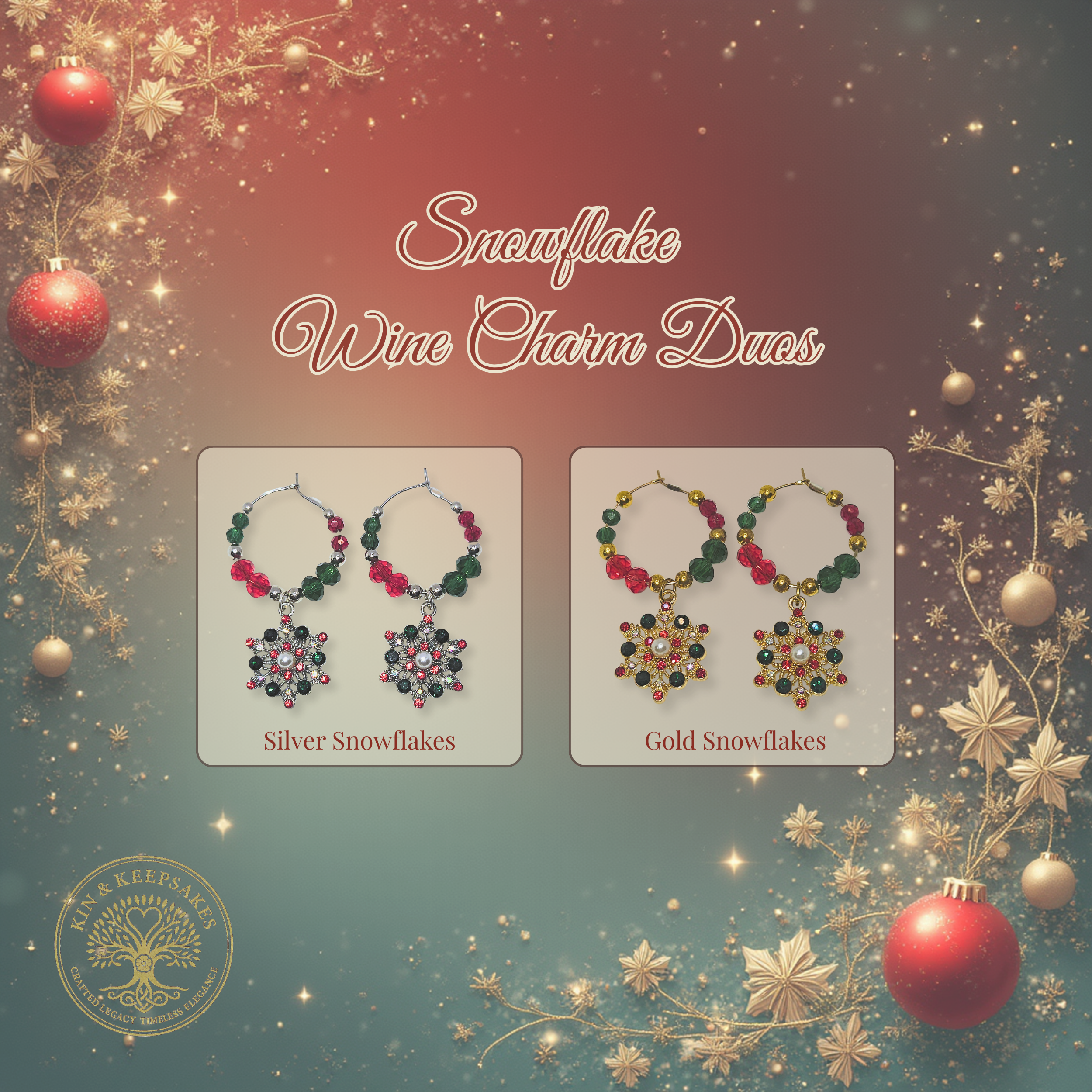Snowflakes Wine Charm Duos in Gold and Silver designs