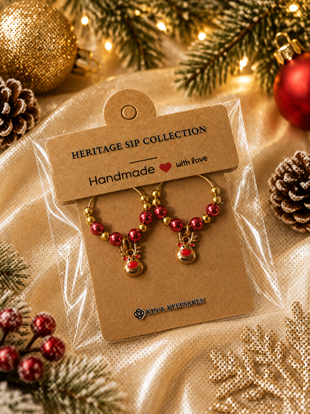 Rudolph Wine Charm Duo with red and gold beads and red-nosed reindeer charms