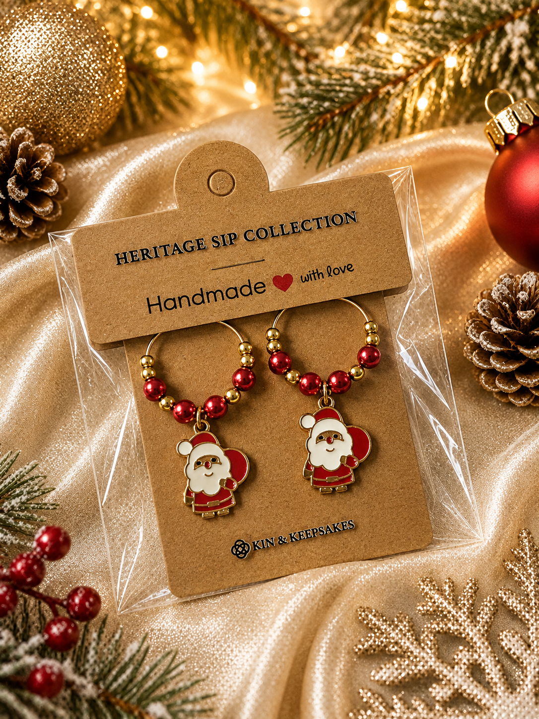 Santa Wine Charm Duo in Kin & Keepsakes packaging with festive Christmas styling